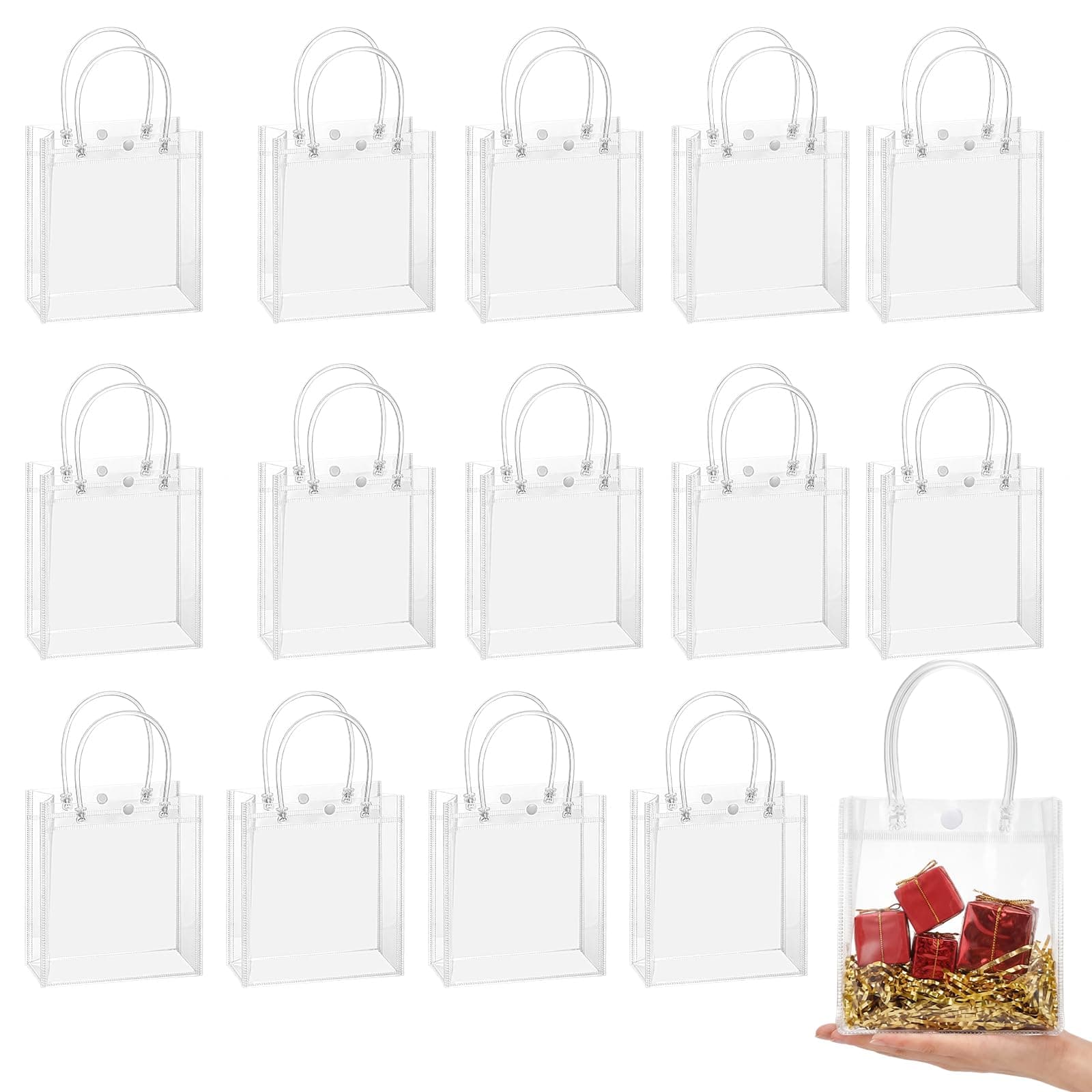 woric Clear Gift Bags with Handles, 15 PCS Small Plastic Party Favor Bags Reusable Transparent Gift Wrap Goodie Bag Bulk for Weddings Graduation Father's Day Birthdays 5.9"x5.1"x2.75"