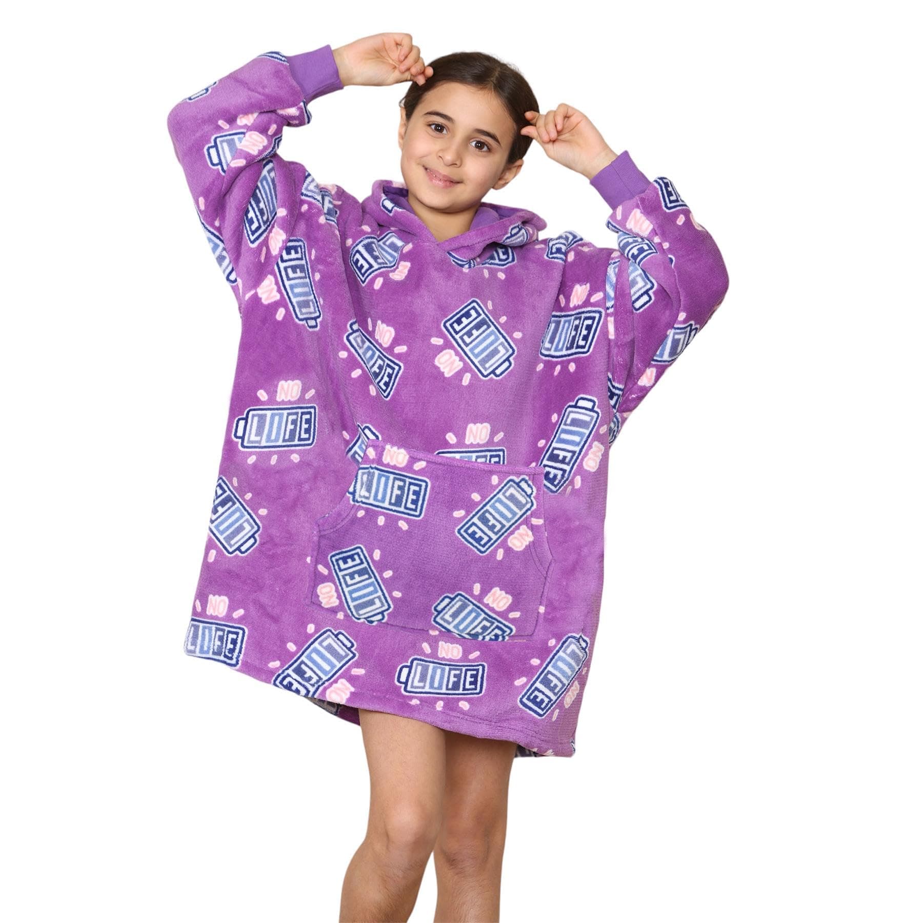 A2Z 4 Kids Girls Boys Oversized Hoodie Snuggle Plush Sherpa Fleece Lining - Snuggle 929 No Life Purple AZ_Long