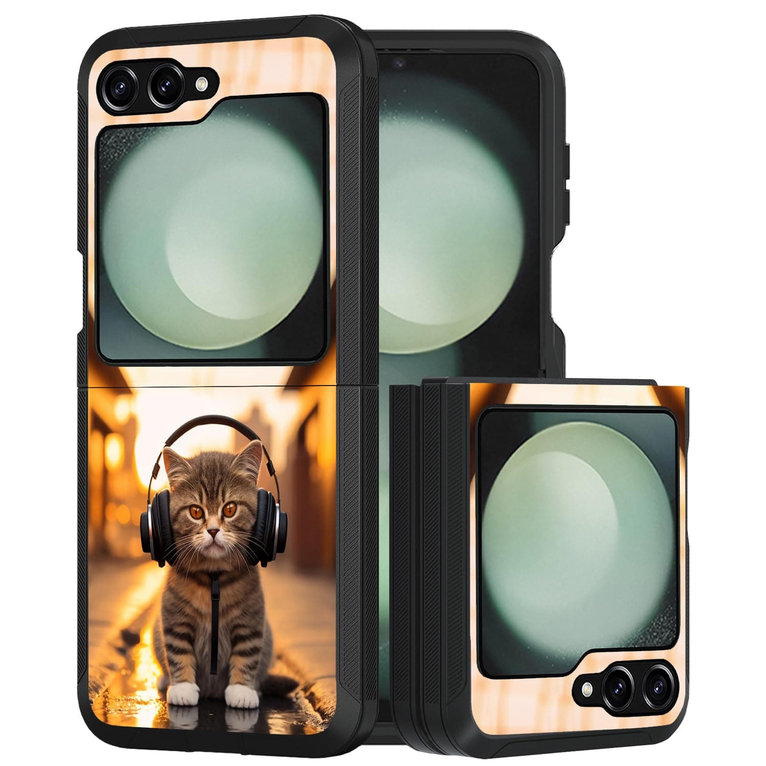 DEHJYYIJUY Designed for Samsung Galaxy Z Flip 6 Case, Shockproof Dust/Drop Proof Heavy Duty Bumper Flip Phone Protective Cover for Samsung Galaxy Z Flip 6 5G (2024), Cat with Headphones