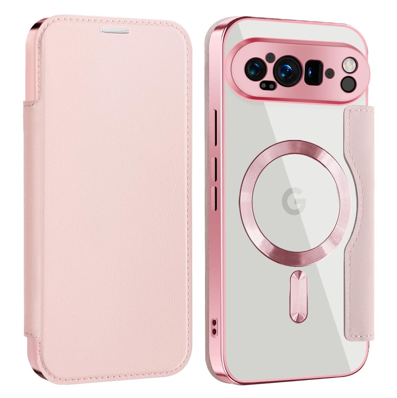 LEMAXELERS for Google Pixel 9 Pro XL Case with Card Holder, Pink WD