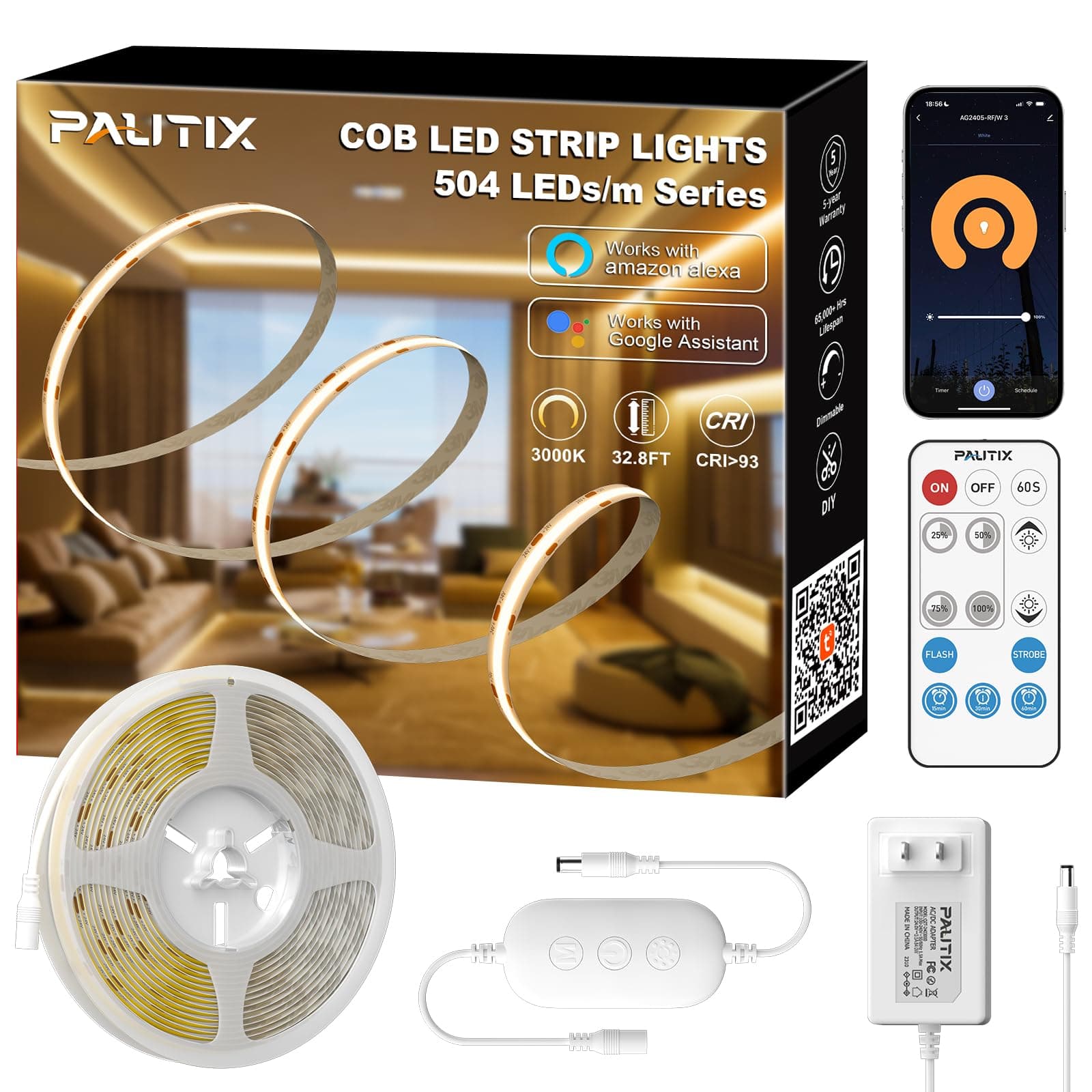 PAUTIX White LED Strip Lights 3000K,Dimmable cob led 32.8ft/10m DC24V Warm White LED Strip Lights,High Lumen Tape Lights Kit,Work with Alexa/Google Assistant for Home, Kitchen DIY Lighting
