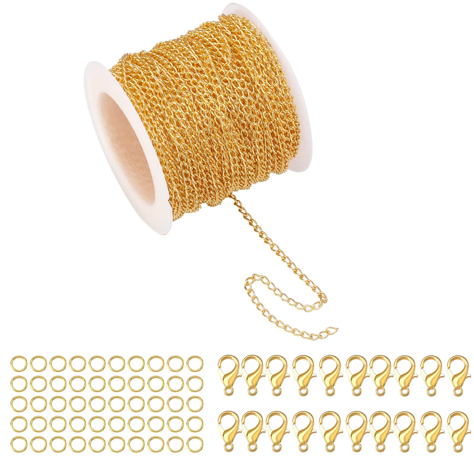 Forise Cadena de collar de 30 pies de 2 mm de eslabones trenzados para hacer joyas, juego de cadenas de collar con 20 cierres de langosta, 50 anillos de salto