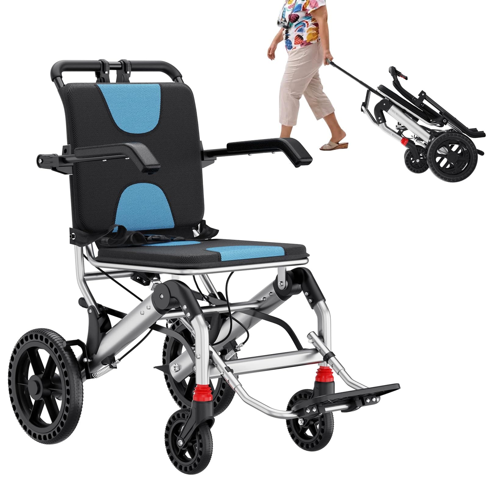 Lightweight Wheelchairs Transport Chair Lightweight Foldable with Telescopic Handle, Portable Folding Travel Transfer Wheel Chairs with Hand Brake for Seniors & Adults