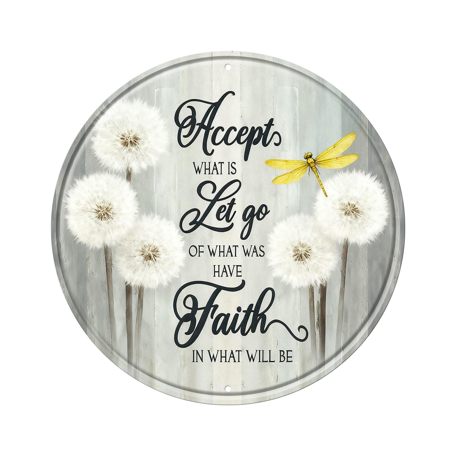NiniArte Dragonfly Round Metal Tin Sign Wreath Accept What Is Let Go Of What Was Have Faith In What Will Be Retro Wall Art Decor for Home Office Decor 8x8inch