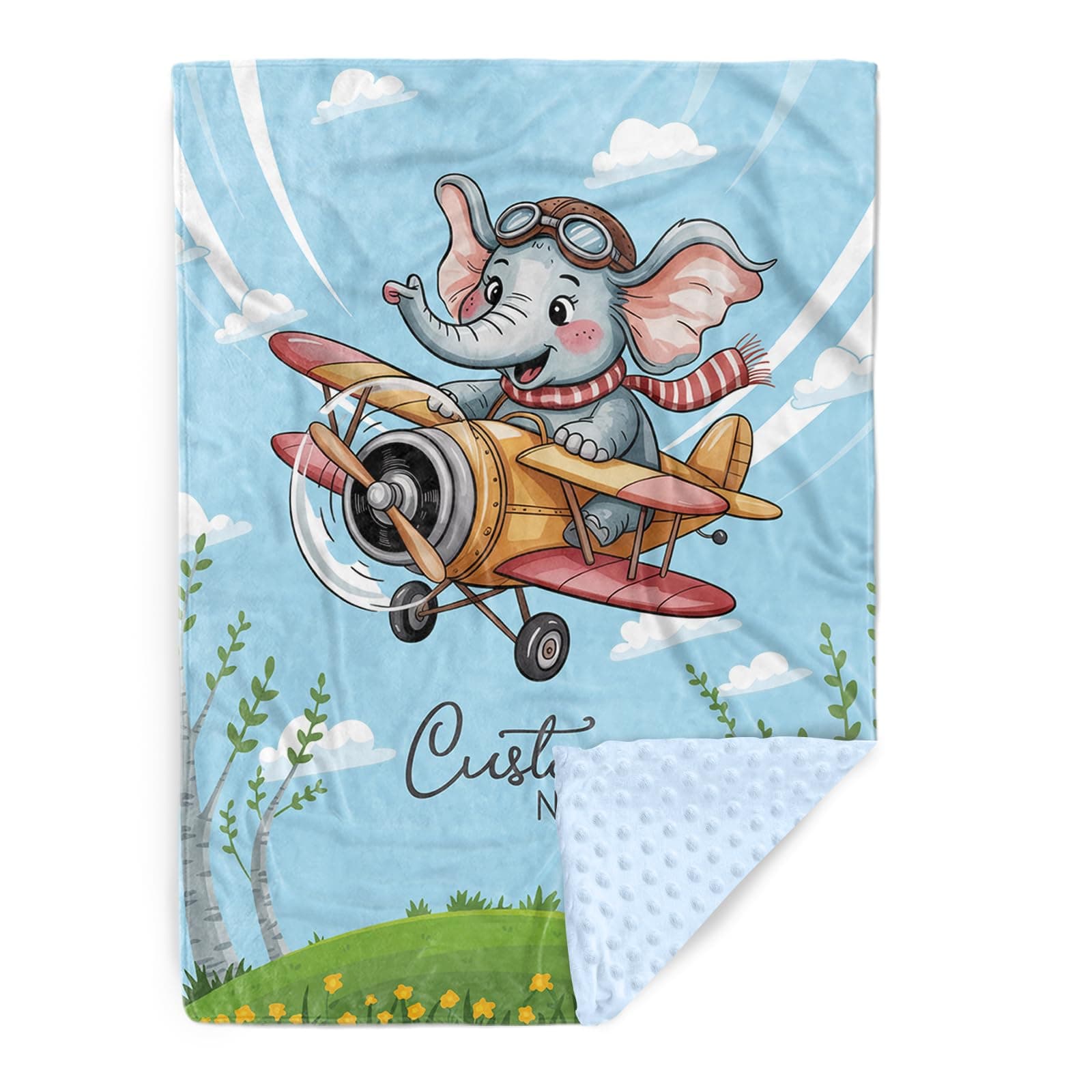 Personalized Baby Blankets with Name – Custom Elephant Glider Baby Blanket for Boys, Soft Dotted Back, Blue Infant Blankets, Nursery Bedding, Newborn Shower Gift