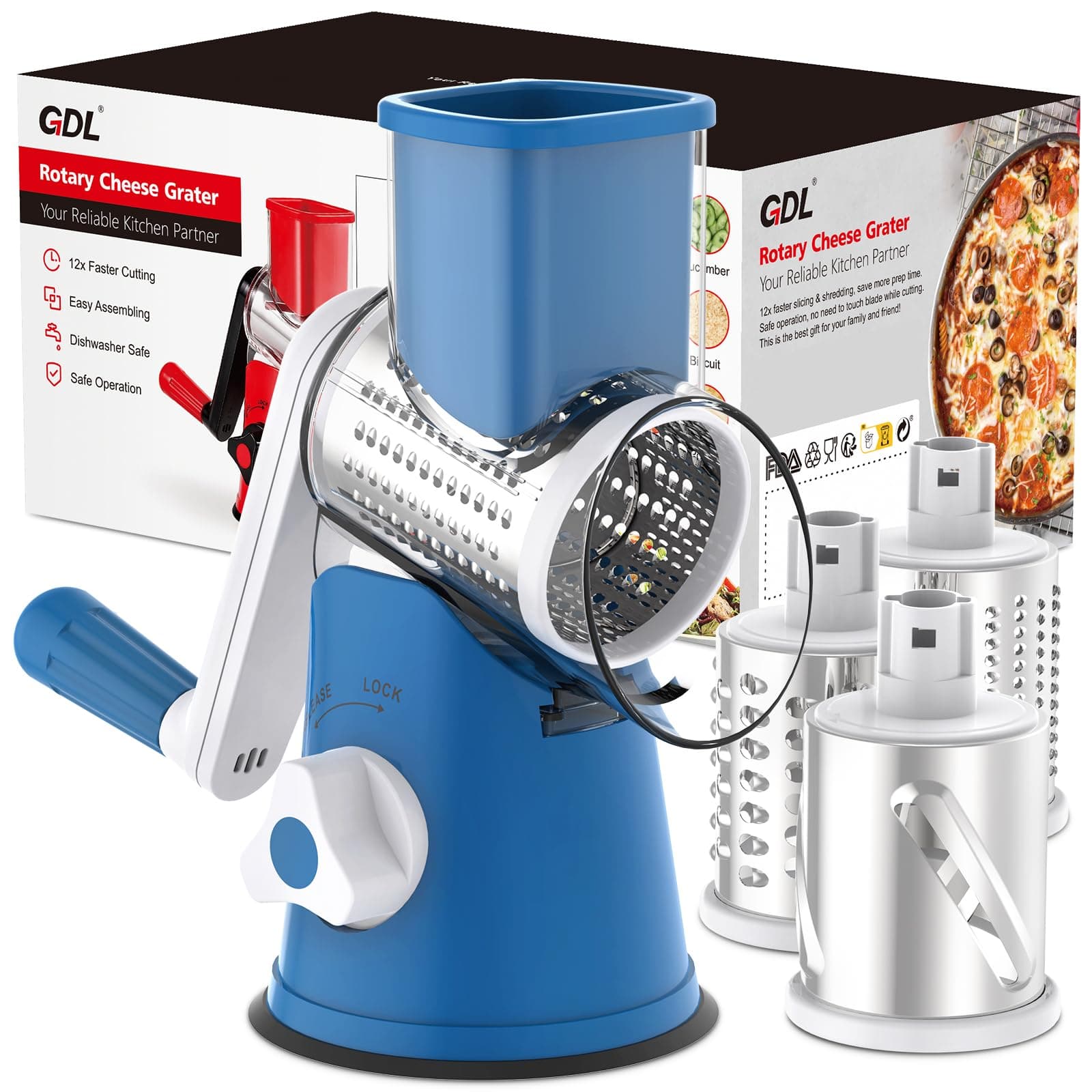 GDL Cheese Grater Rotary, Cheese Shredder Vegetable Slicer, 3 Blades