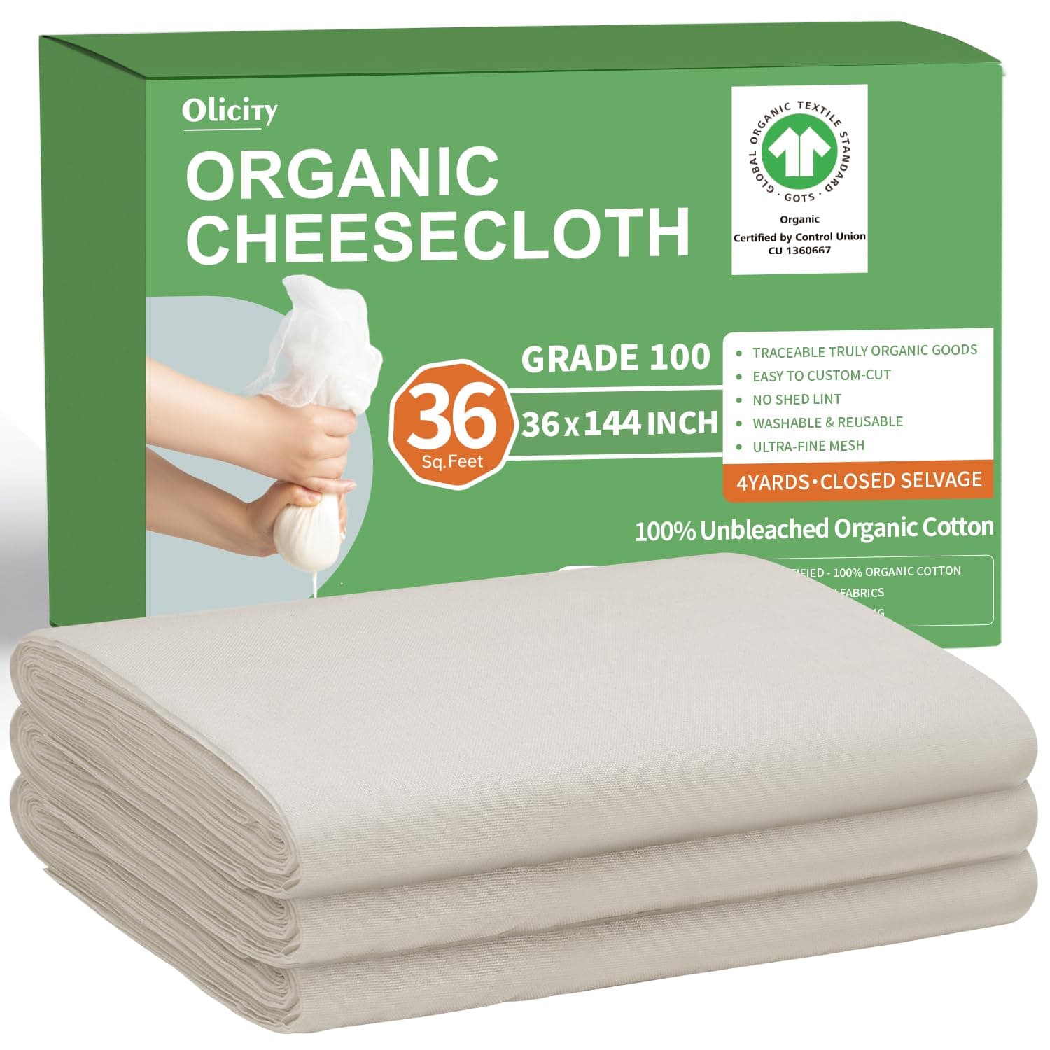 Organic Cheese Cloths, GOTS Certified, 36 Sq.Feet, Reusable Cheese Cloth