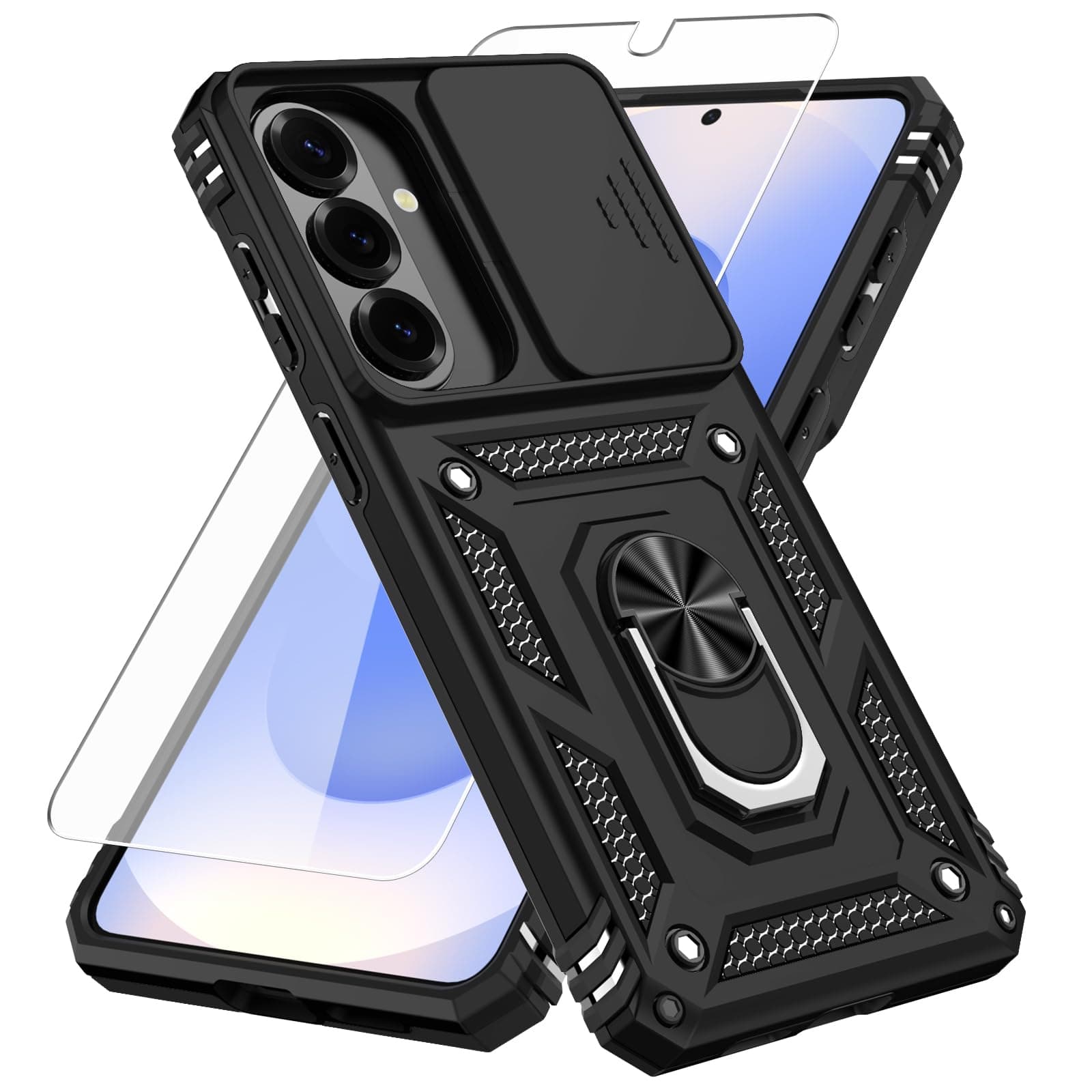 for Samsung Galaxy S26 Plus Case,with Camera Lens Cover HD Screen Protector,[Military Grade] Ring Car Mount Kickstand Hybrid Hard PC Soft TPU Shockproof Protective Case for Galaxy S26 Plus, Black