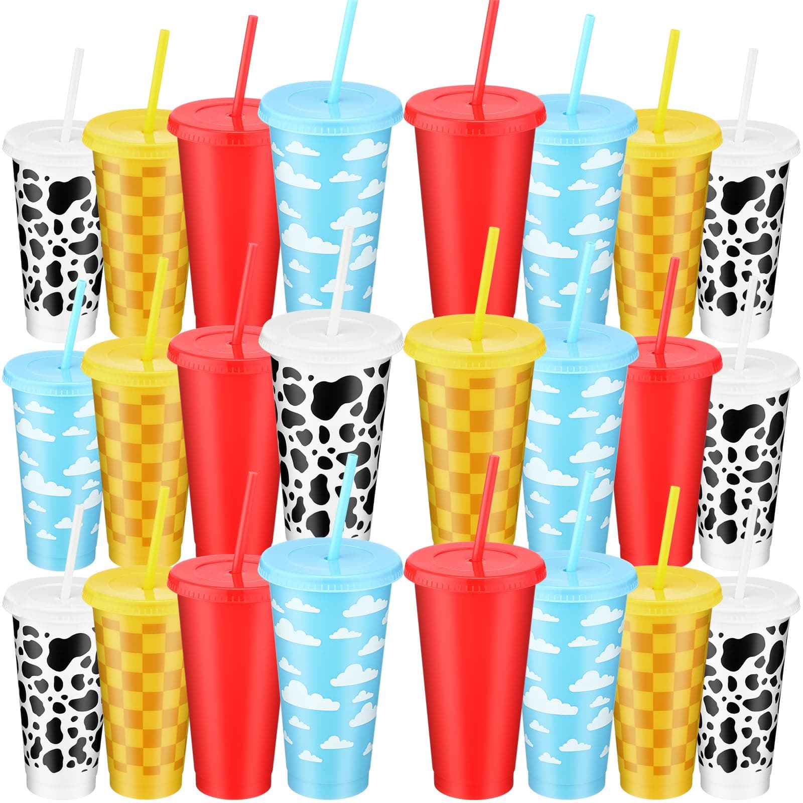 Havawish 24 Pcs 24 oz Cartoon Coloful Party Plastic Cups with Lid and Straw