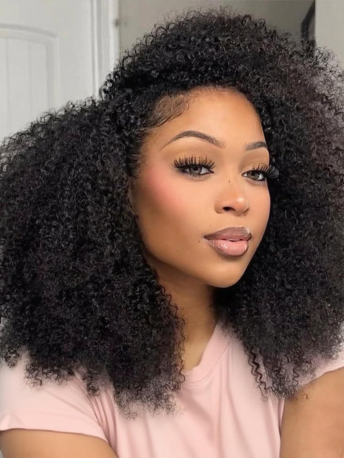 Half Wig Human Hair Kinky Curly 220% Density Invisible Hairline Glueless Drawstring Design with Seamless Flip Over Style for Women (12 inch)