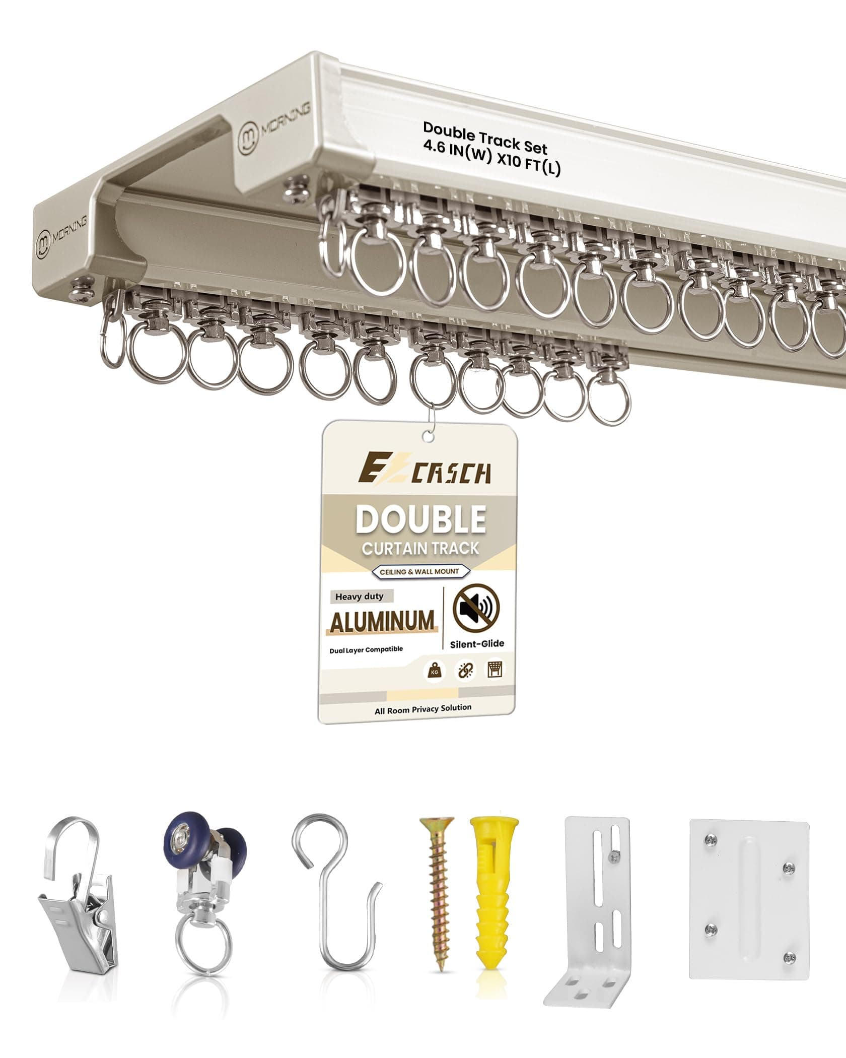 Ezcasch Ceiling Curtain Track Set - Dual Track Ceiling & Wall Mount 8ft-10ft, Heavy-Duty Double Track Rails with Silent Slides, Room Divider Double Track System, Includes Hooks/Clips/Brackets, White