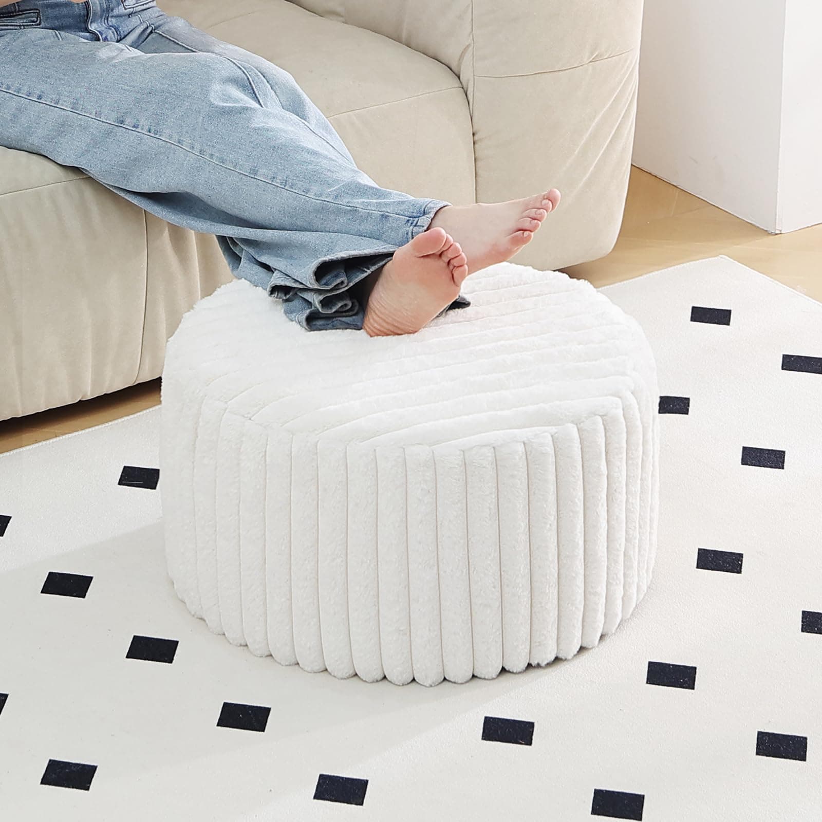 Tiita Round Stuffed Pouf Ottoman, Soft Foot Stool with Solid Foam Block