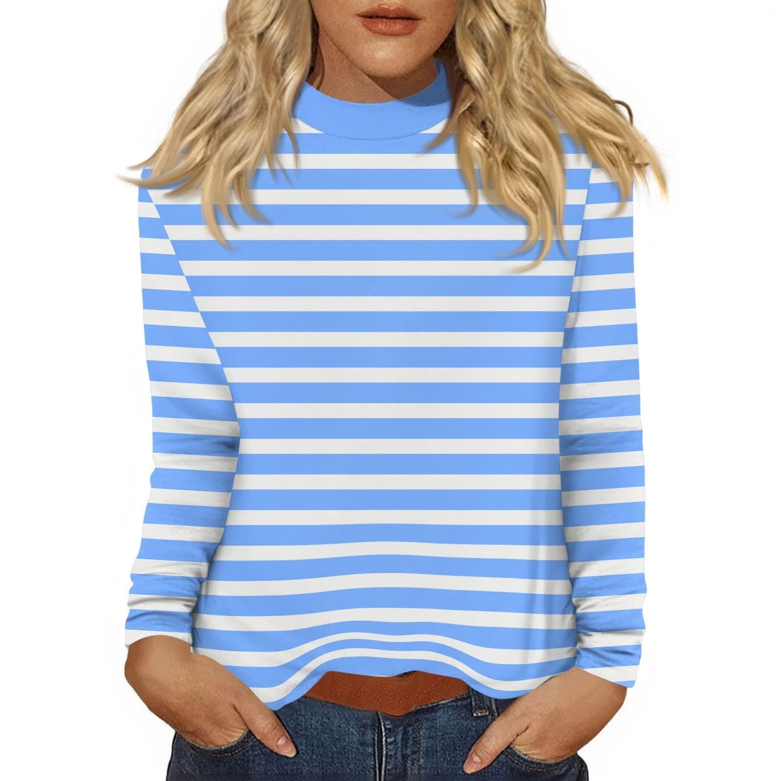 Womens Long Sleeve T Shirts Casual Mock Neck Striped Cotton Fall Tops Workout Cute Dressy Soft Gym Beach Tunic Blouses with Leggings Retro Y2K Shirt Tshirts Shirts for Women 2025, Sky Blue, L