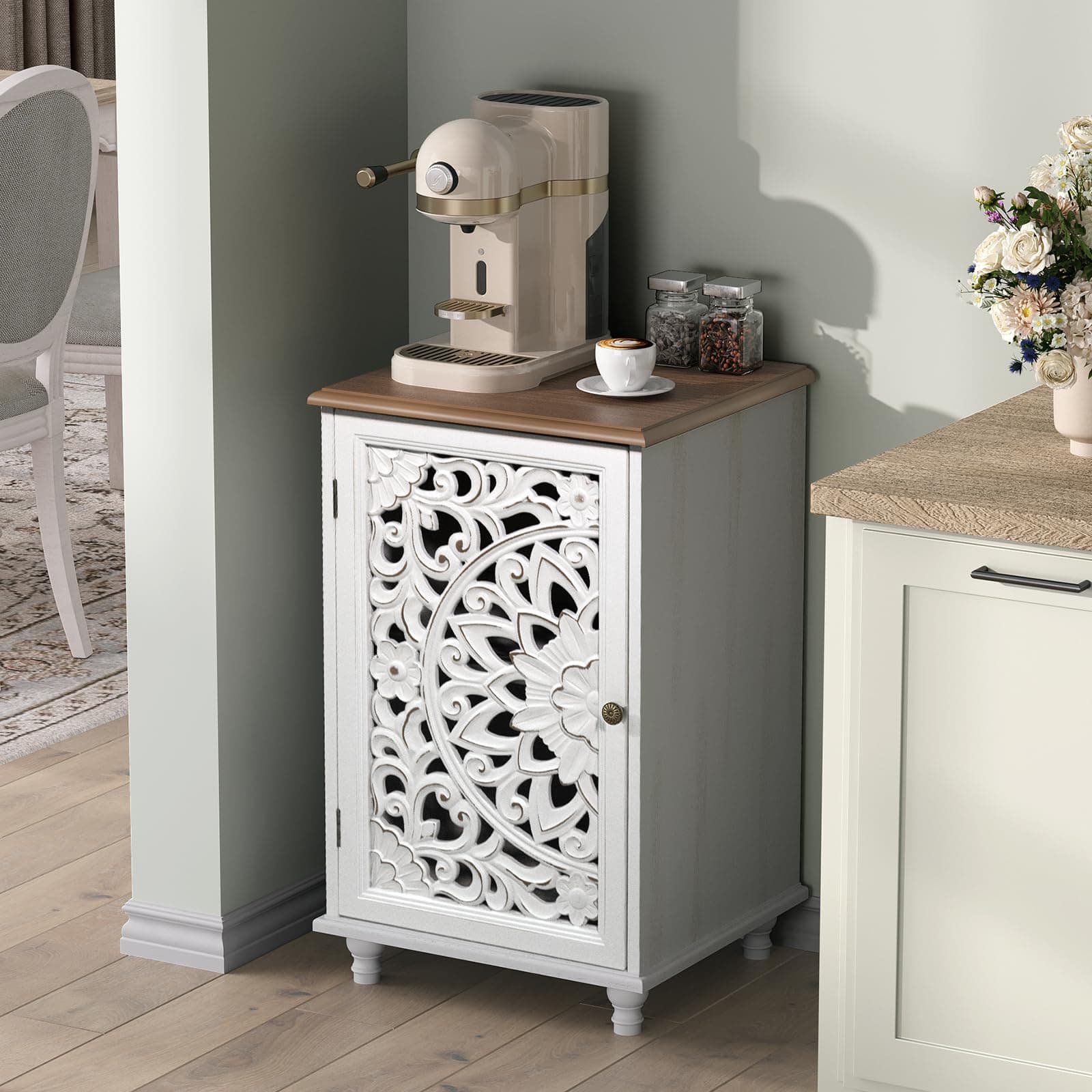 Jiansu furni Boho Small Buffet Cabinet with Hand-Carved Mandala Door, 17" Coffee Bar Station with Adjustable Shelf, Distressed White Accent Storage Cabinet for Small Spaces, Kitchen, Dining Room