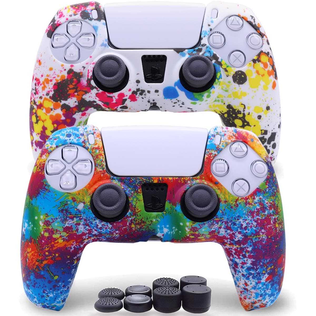 Sofunii 2 Pack Silicone Controller Skins Anti-Slip Cover Case Protector Sleeve for PlayStation 5 /PS5 Controller with 8 x Thumb Grip Caps(Bright and Colorful)