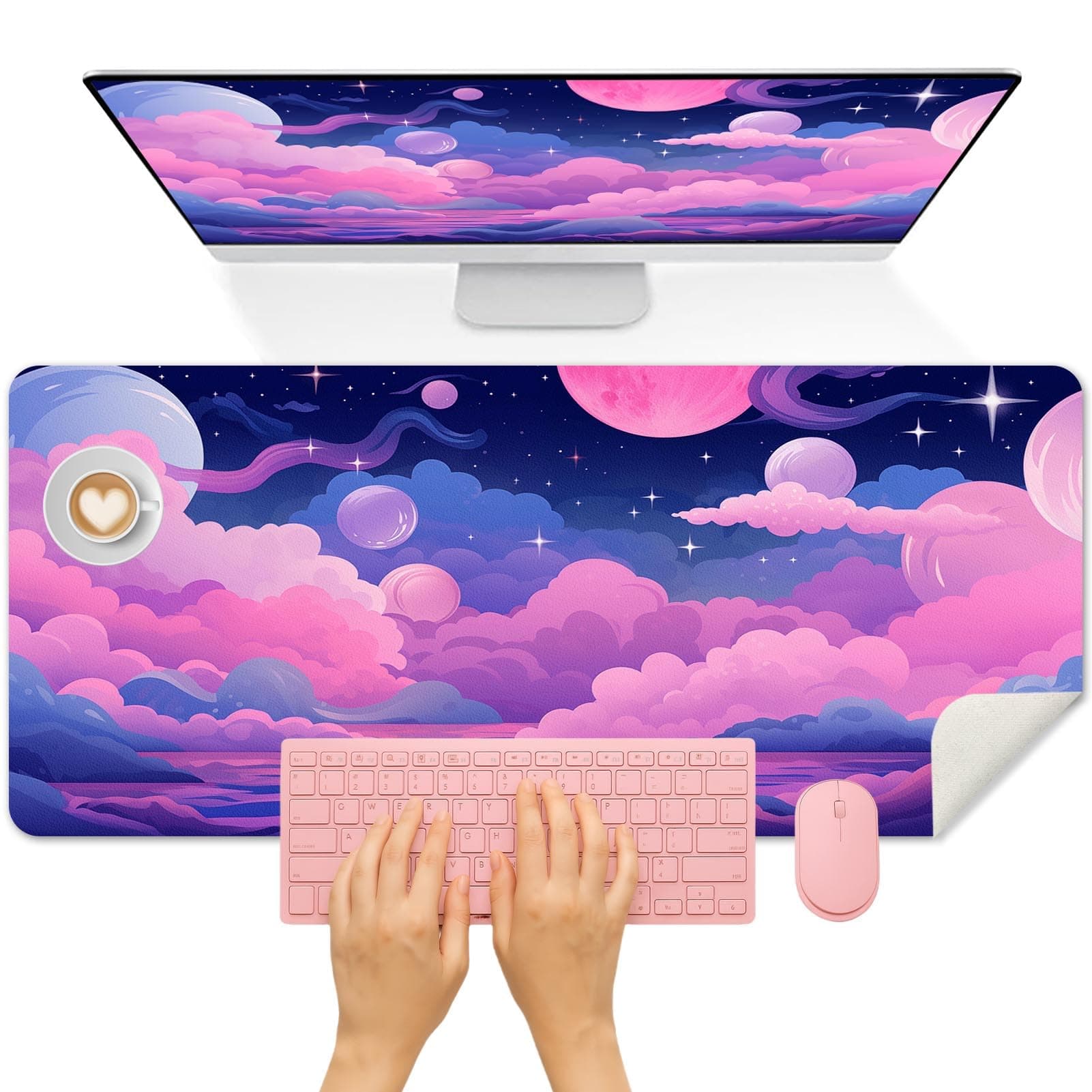 Britimes Pink Blue Planet and Clouds Desk Mat Cute Colorful Sky Deak Pad Non-Slip PU Leather Large Keyboard Mouse Pad Office Desktop Accessories for Office,Work,Home Decor(31.5"X15.7")