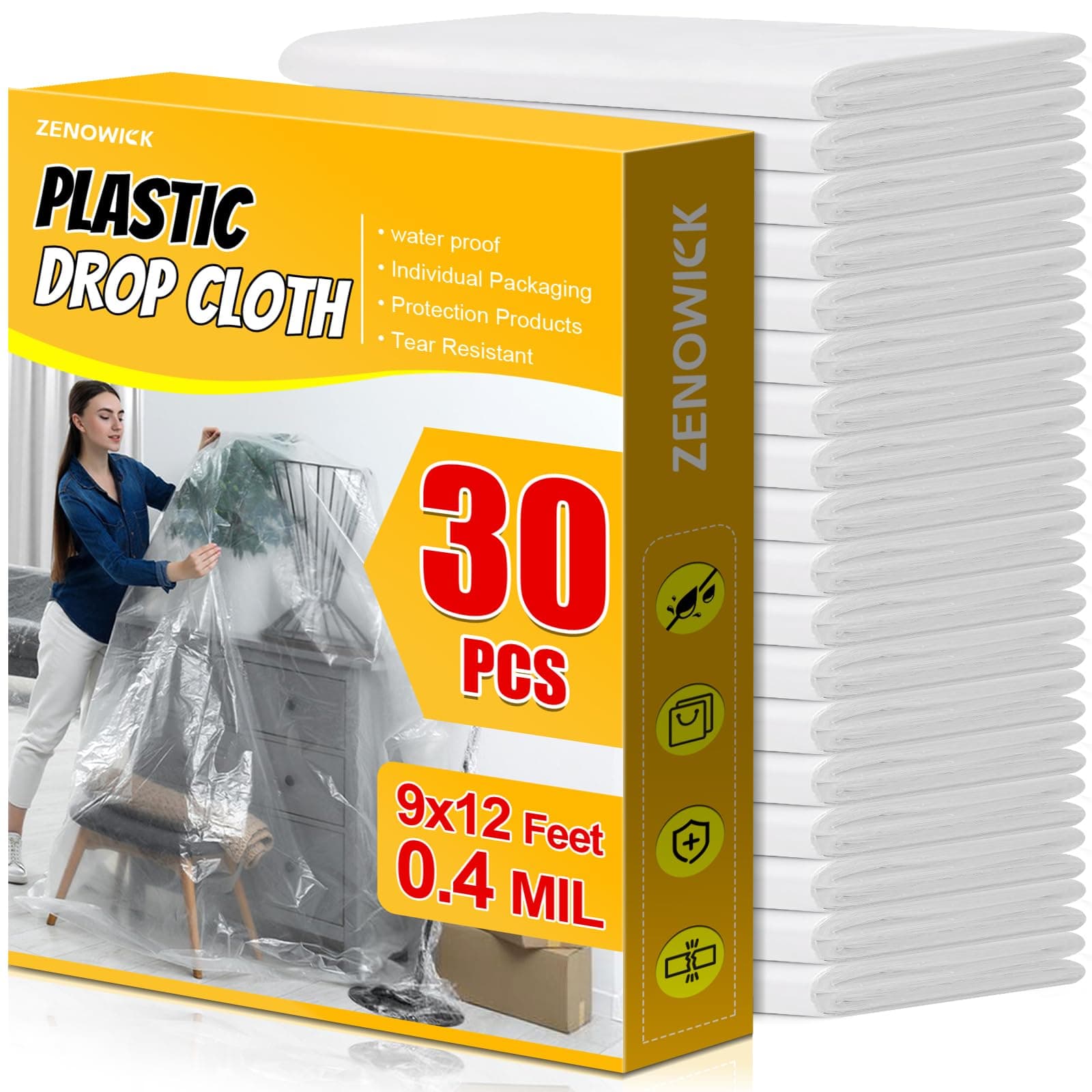 ZENOWICK 30 Pack Plastic Drop Cloth, 9x12 Ft Plastic Sheeting for Painting