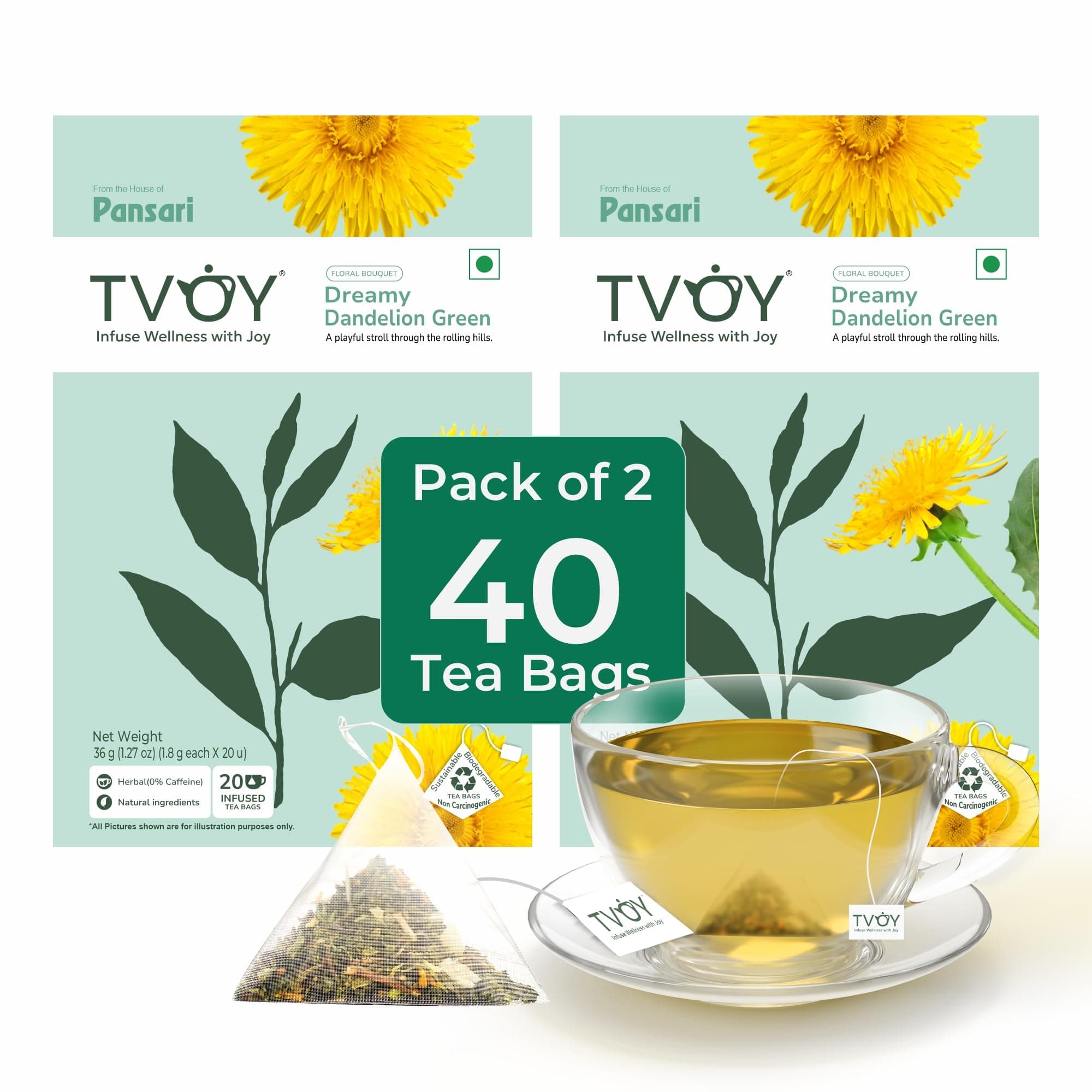 Dandelion Leaf & Root Green Tea bags, Premium Green Tea Bags