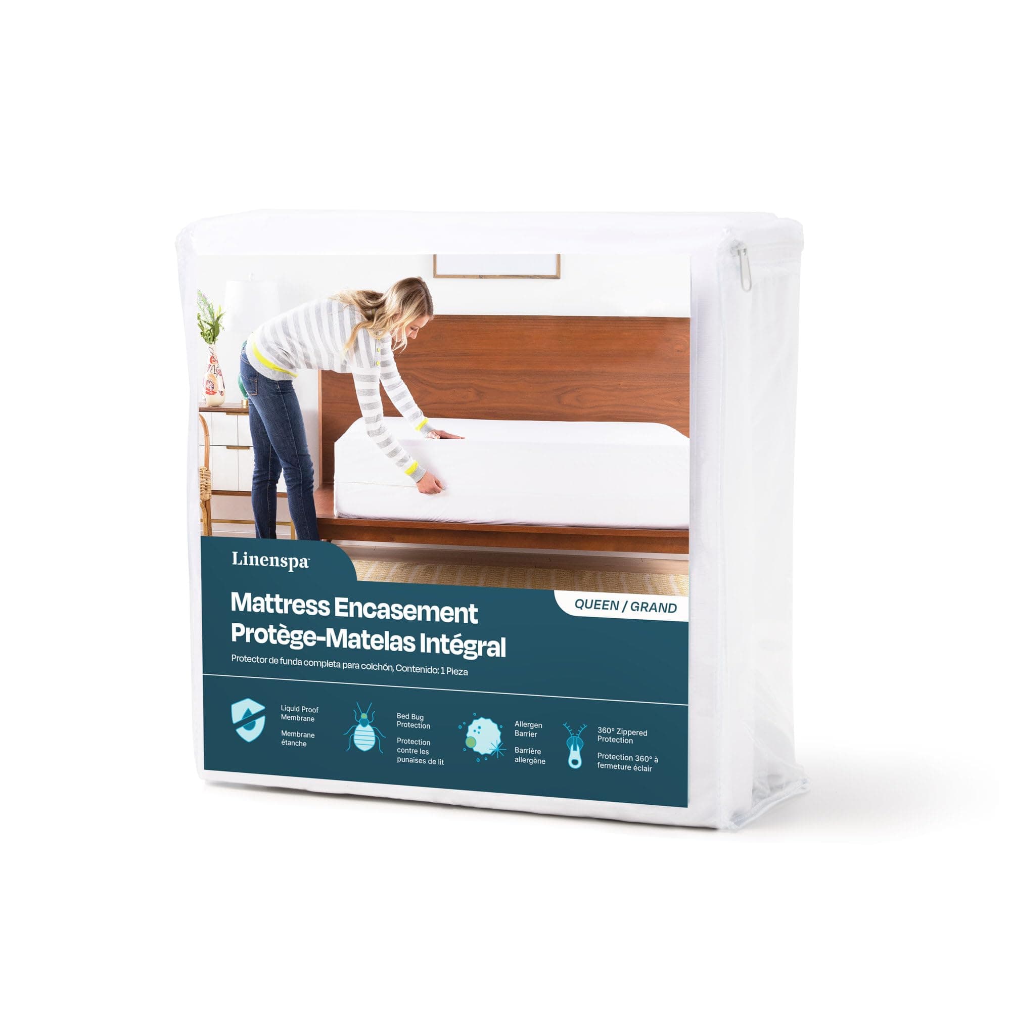 LINENSPA Zippered Encasement Waterproof, Dust Mite Proof, Bed Bug Proof, Hypoallergenic Breathable Mattress Protector - Cal King Size White