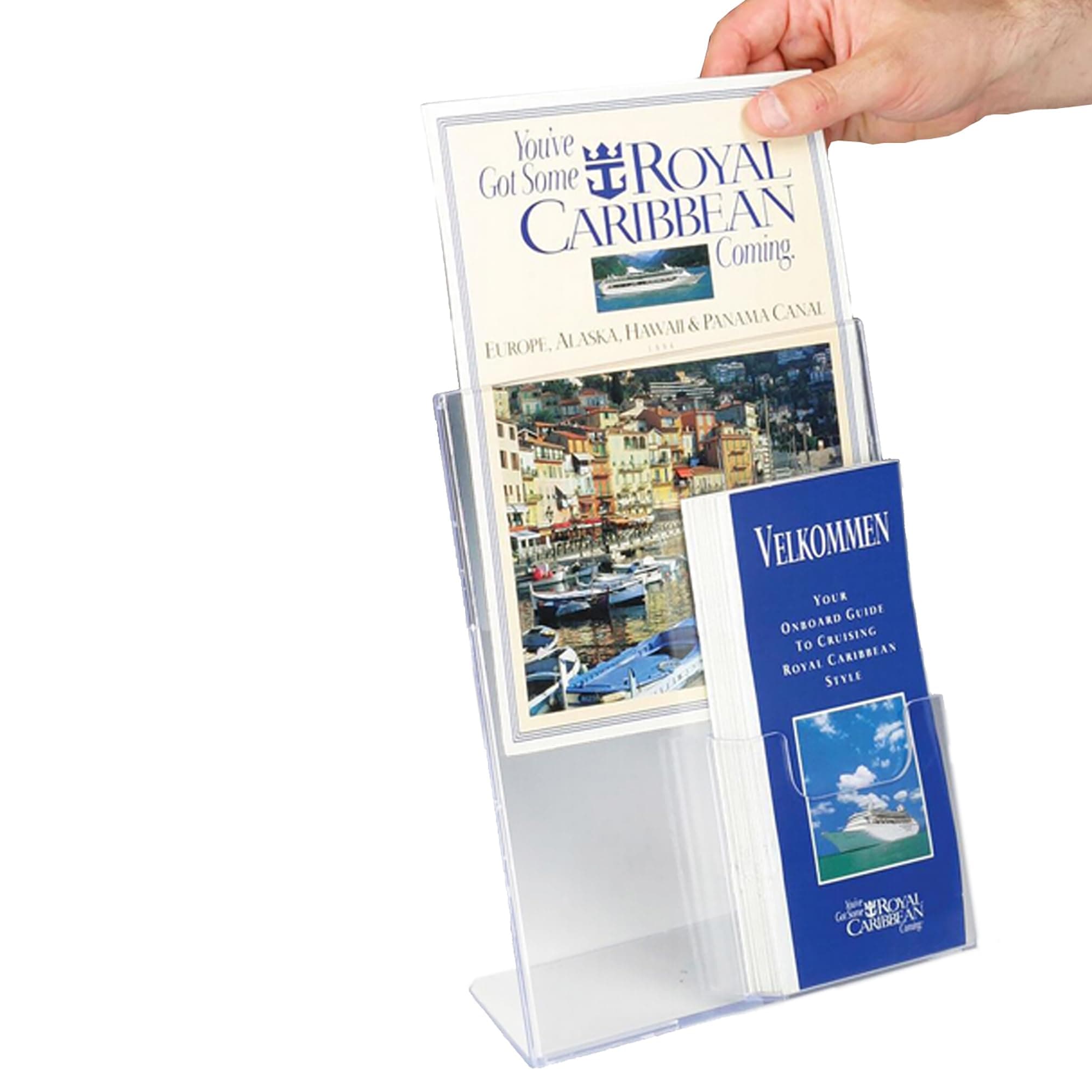FixtureDisplays® 8.5 x 11" Acrylic Sign Holder with Pocket for 4 x 9 Brochures, Slant Back - Clear 19013