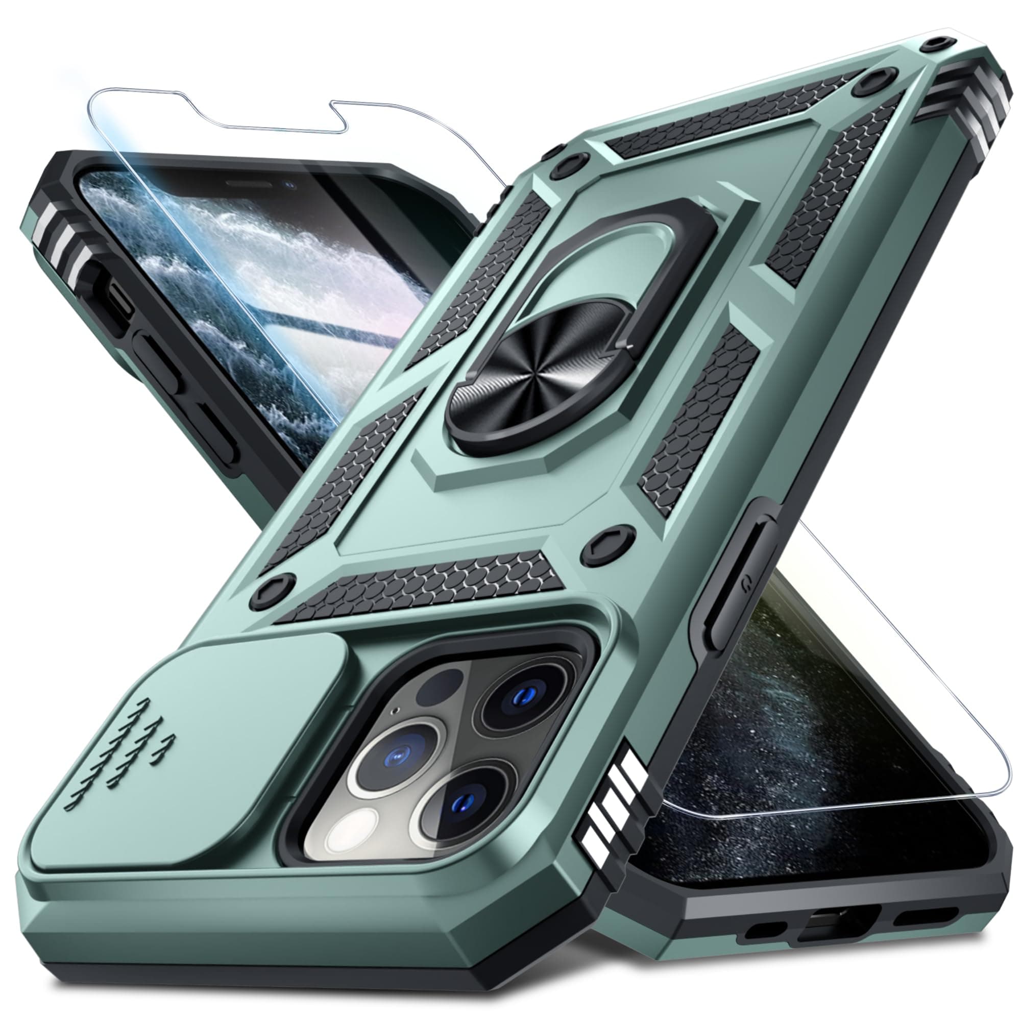 Janmitta iPhone 16 Pro用ケース、スライドカメラレンズカバー+スクリーンプロテクター内蔵、フィンガーリングホルダー付き高耐久耐衝撃フルボディフォンケース、キックスタンド、ダークグリーン