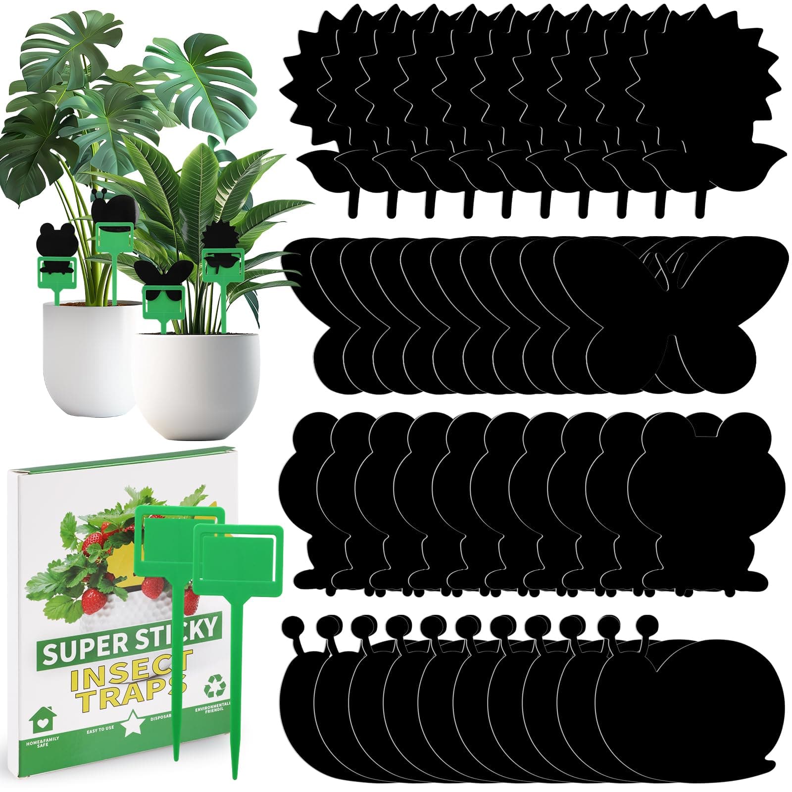 WD&CD Fruit Fly Trap Indoor and Outdoor, Cute 40 Pack Black Gnat Sticky Traps for House Plants, Dual-Sided Green Flying Insect Traps for Fungus Gnat,Mosquitos, White Flies, Flying Insects