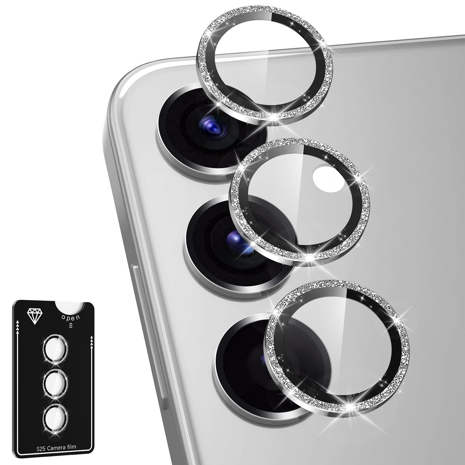 Avocase for Samsung Galaxy S25 Plus Camera Lens Protector, Individual Metal Ring Tempered Glass Lens Cover, [Strong Adsorption] Scratch Resistant Ultra-Thin HD Clear Lens Cover, 1 Set-Silvery Sparkly