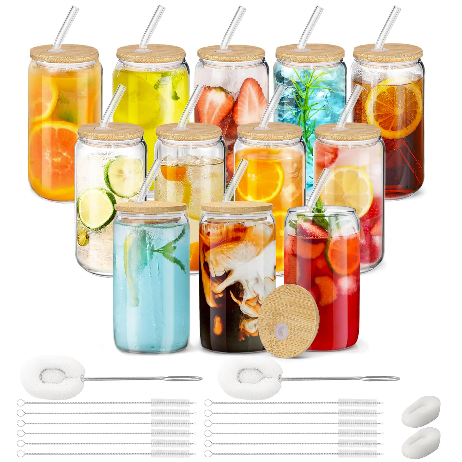 Cafultgo Iced Coffee Cup, Glass Cups 16OZ Beer Glasses 12 Pack Smoothie Cup Tumbler Clear Glass Cup Ideal for Cocktail Whiskey Tea Cola Juice Soda- Gift Set