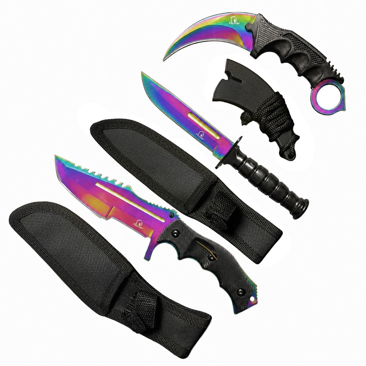 Falcon Knives CSGO Tactical Fixed Blade Combo Set 3-Piece Knife Set with Karambit, Tactical Knife & Huntsman 440 Stainless Steel & Hard Sheaths Camping, Outdoor (Rainbow)
