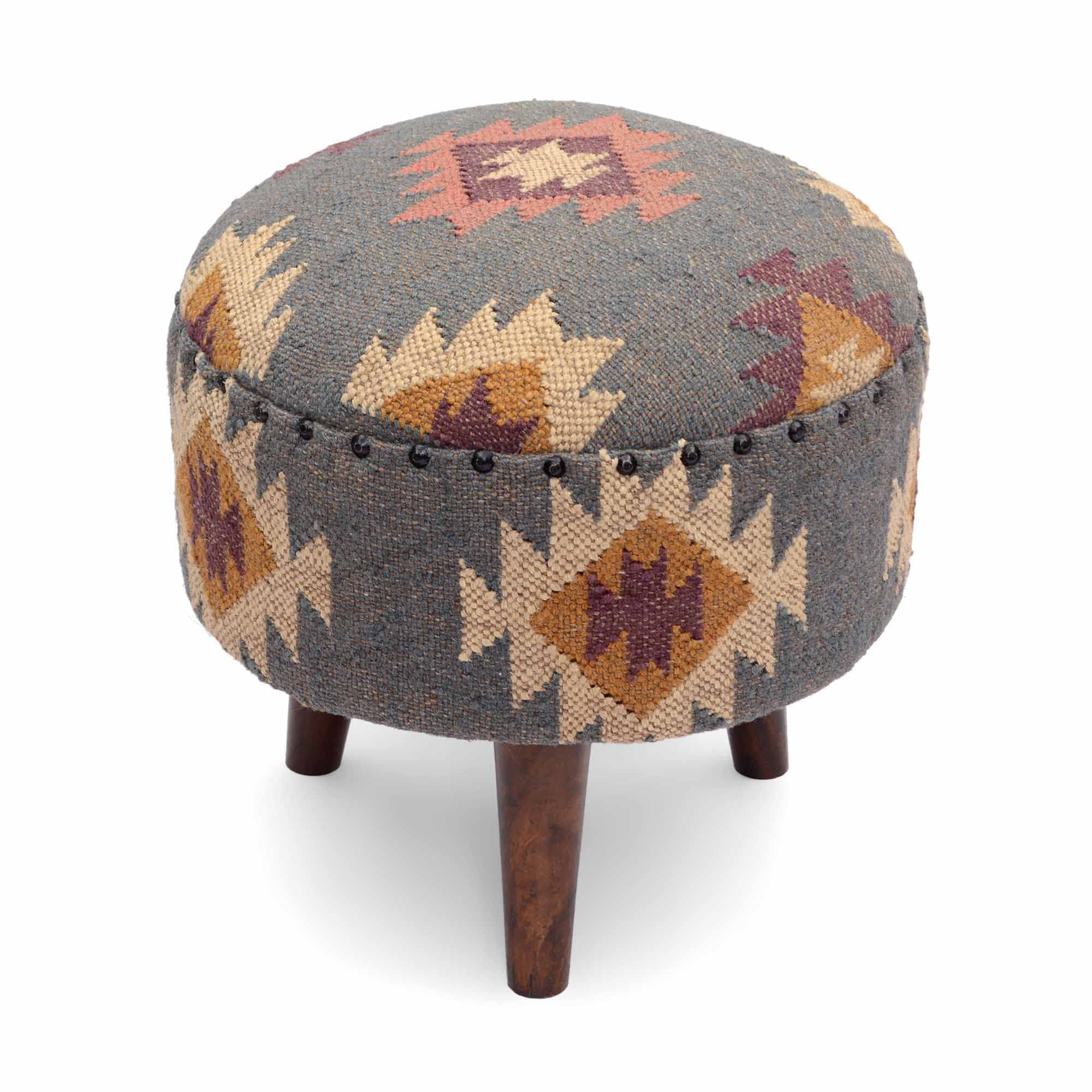 NATURAL FURNISH Handmade Kilim Jute Pouf Ottoman Stool | Round Upholstered Seating with Acacia Wood Base | Decorative Foot Rest for Living Room, Bedroom, Hallway, Office & Lounge (Grey)