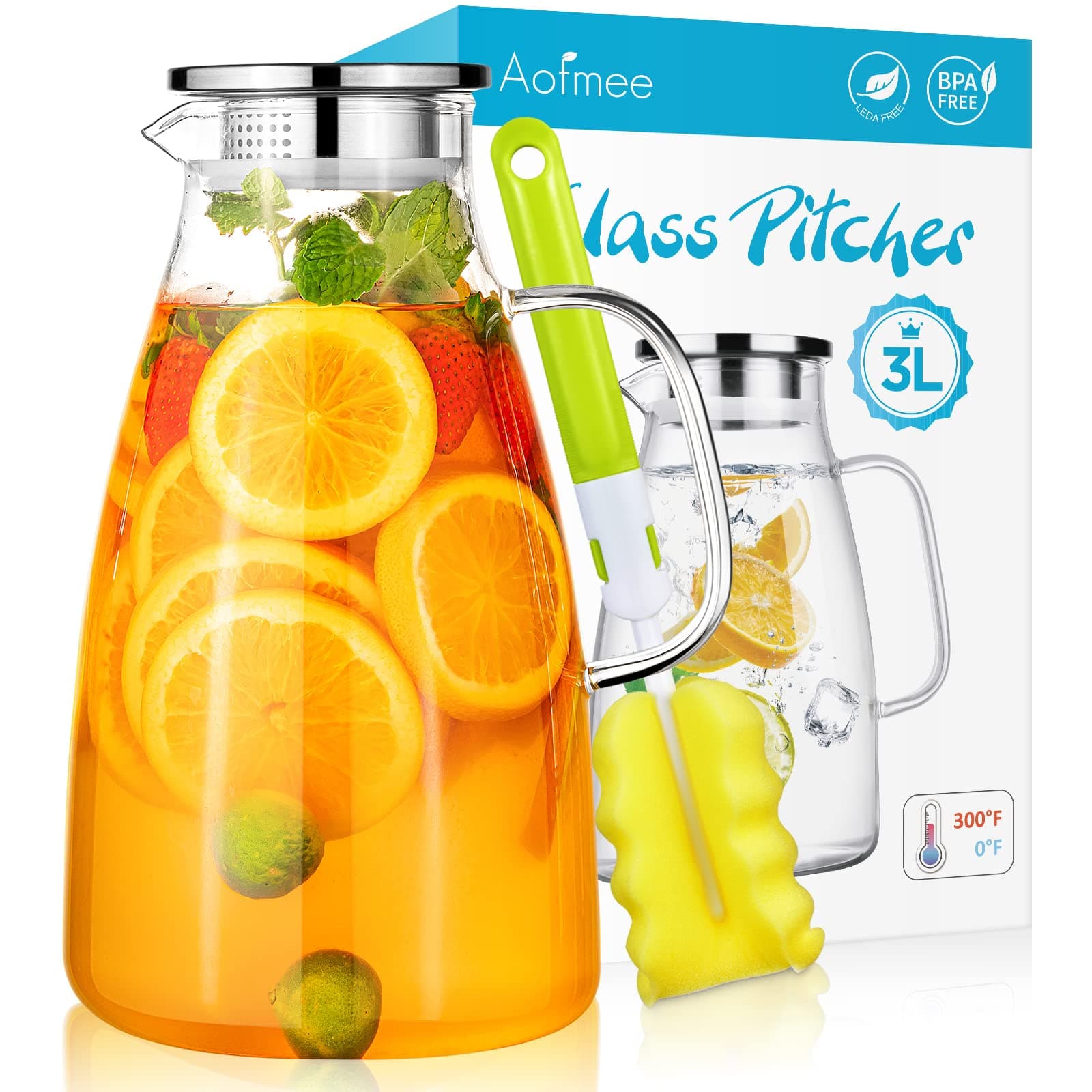 Aofmee 100oz Glass Pitcher with Lid and Handle, Precise Scale Line Jug, Easy Clean Heat Resistant Borosilicate Ice Tea Jar for Coffee, Milk, Juice, Cold or Hot Beverages (3 L)