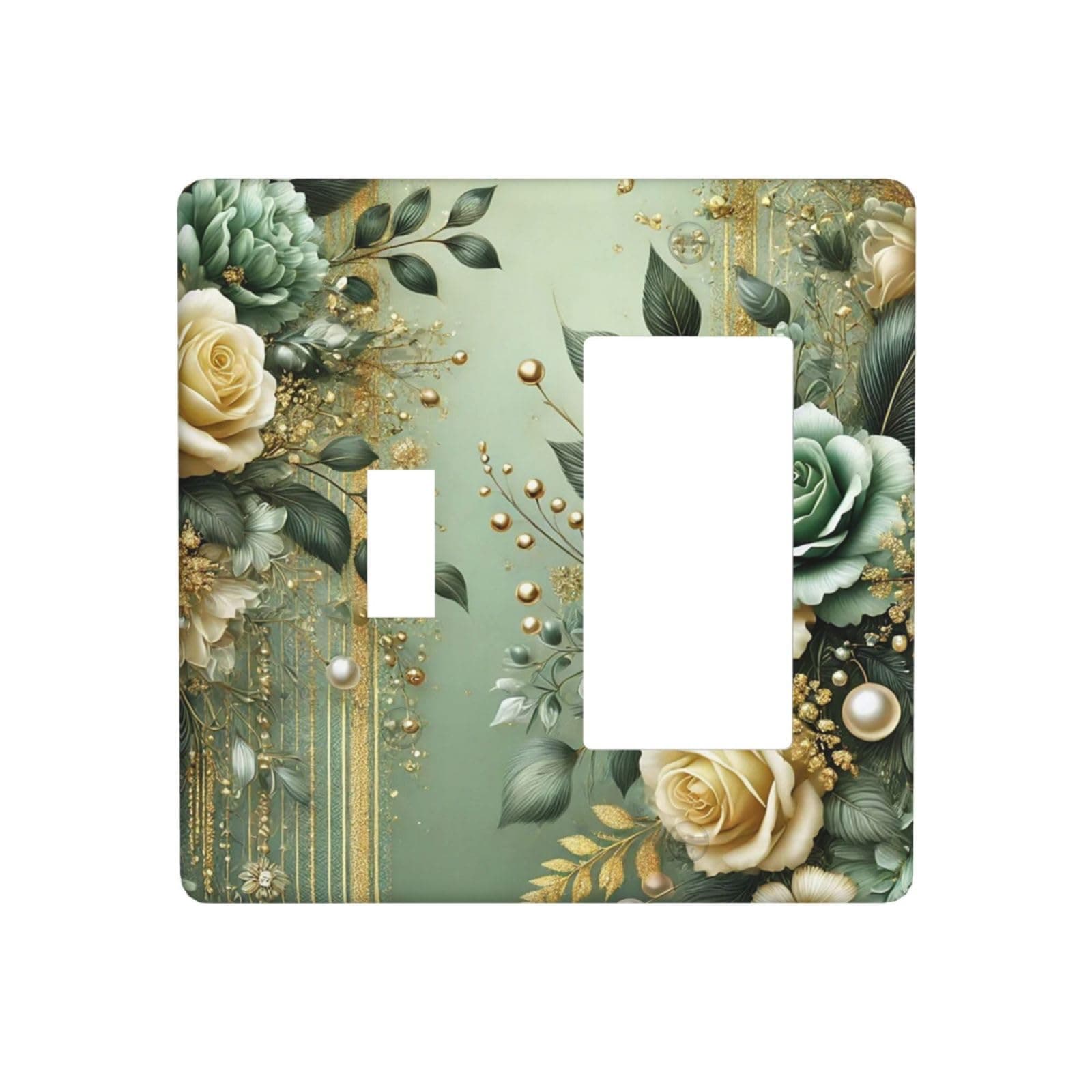 LuHuoLu Decorative Outlet Covers Rustic Green Floral Leaves Teal Flowers Gold Stripe 2 Gang 1 Gang Wall Plate Cover Single Toggle Rocker Combo Light Switch Cover Plate Face Plate