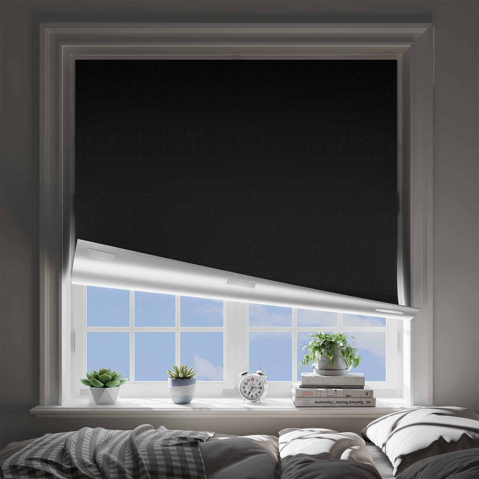 OTUOER Blackout Curtains for Bedroom (28"x84"), Portable Window Blinds with Upgraded Hook & Loop Strips, No Drill 100% Black Out Shades & Window Curtains for Bedroom, Baby Nursery, Travel Use Black