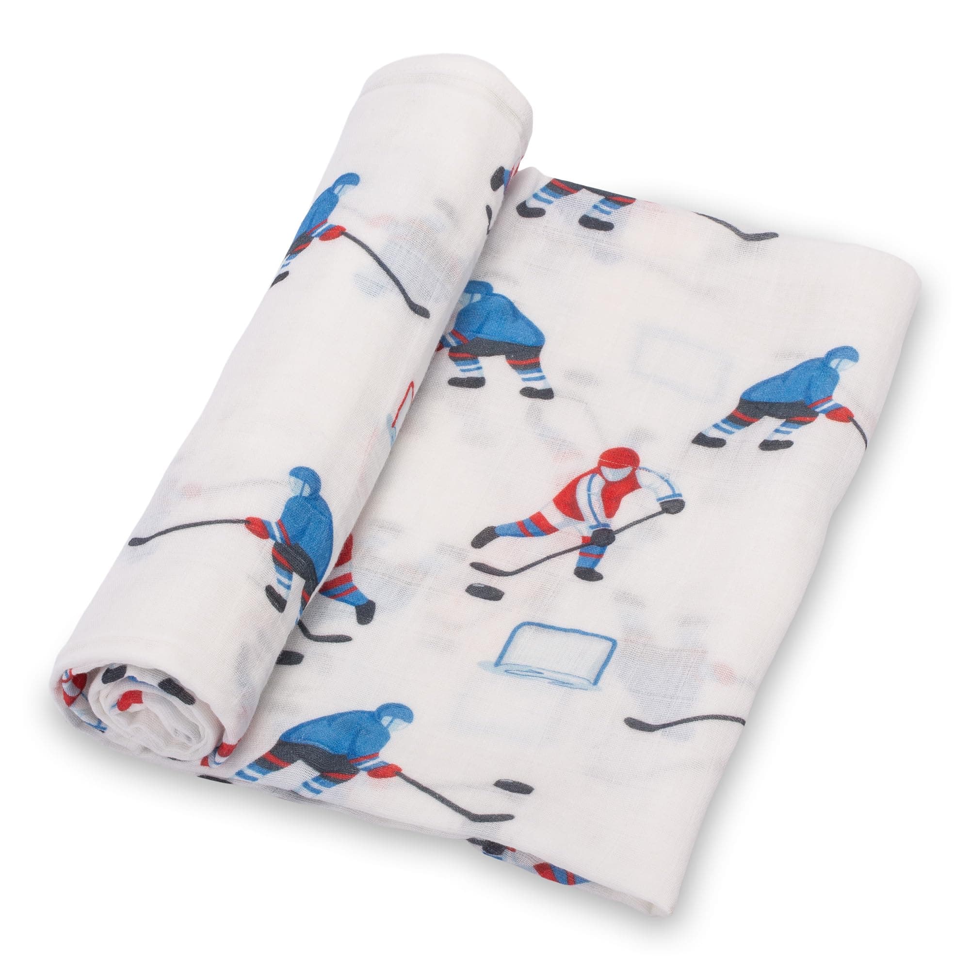 LollyBanks Swaddle Blanket 100% Muslin Cotton, 47 x 47 inches Soft Breathable Muslin Baby Swaddles for Boys, Baby Essentials, Registry and Gift (Icehockey Print)