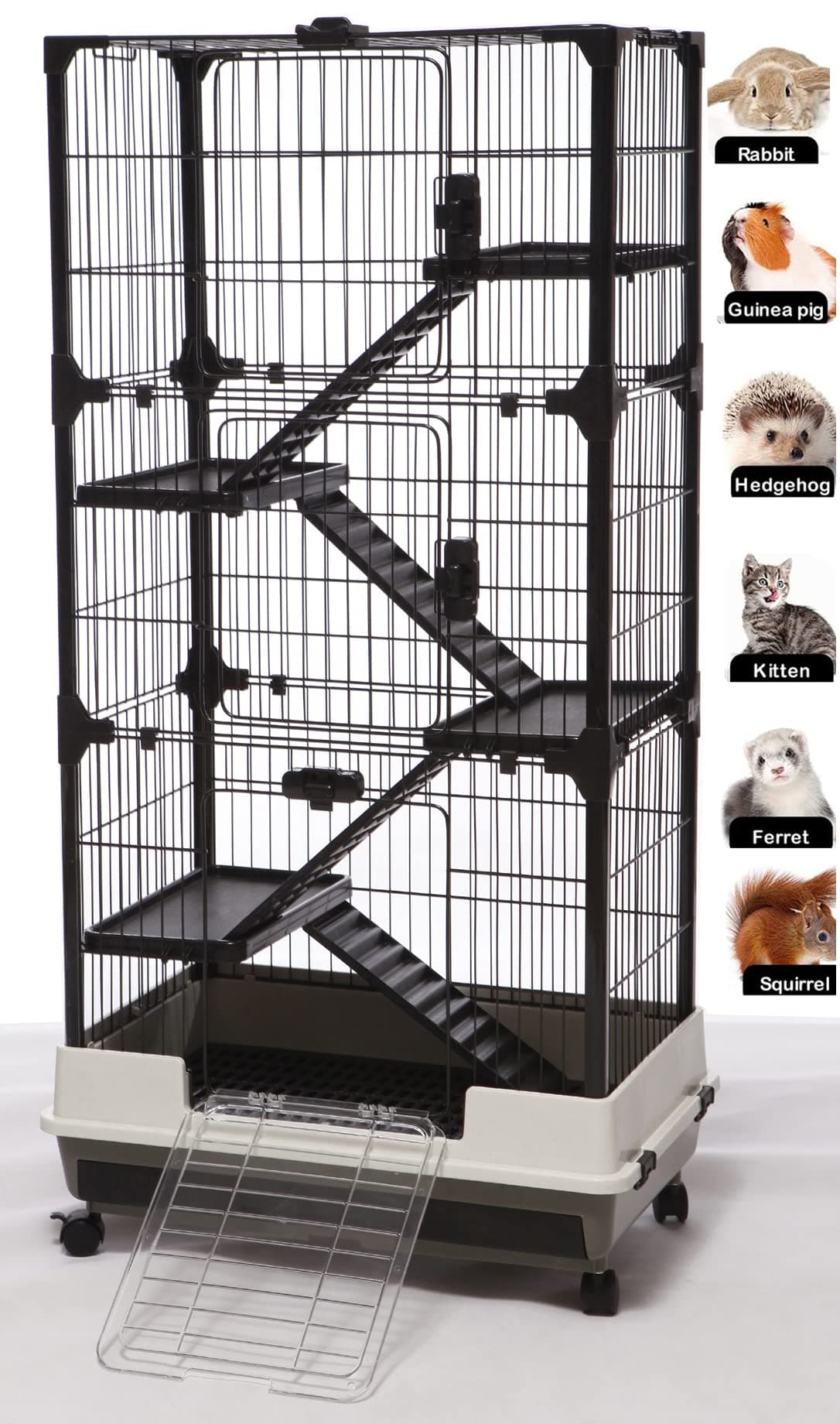 Large 5-Tiers Deluxe in/Outdoor Chinchilla Ferret Squirrel Hedgehog Kitten Rabbit Bunny Hutch House Critter Habitat Mesh Floor Easy Clean 2-Inch Deep Pull Out Tray with Rolling Casters