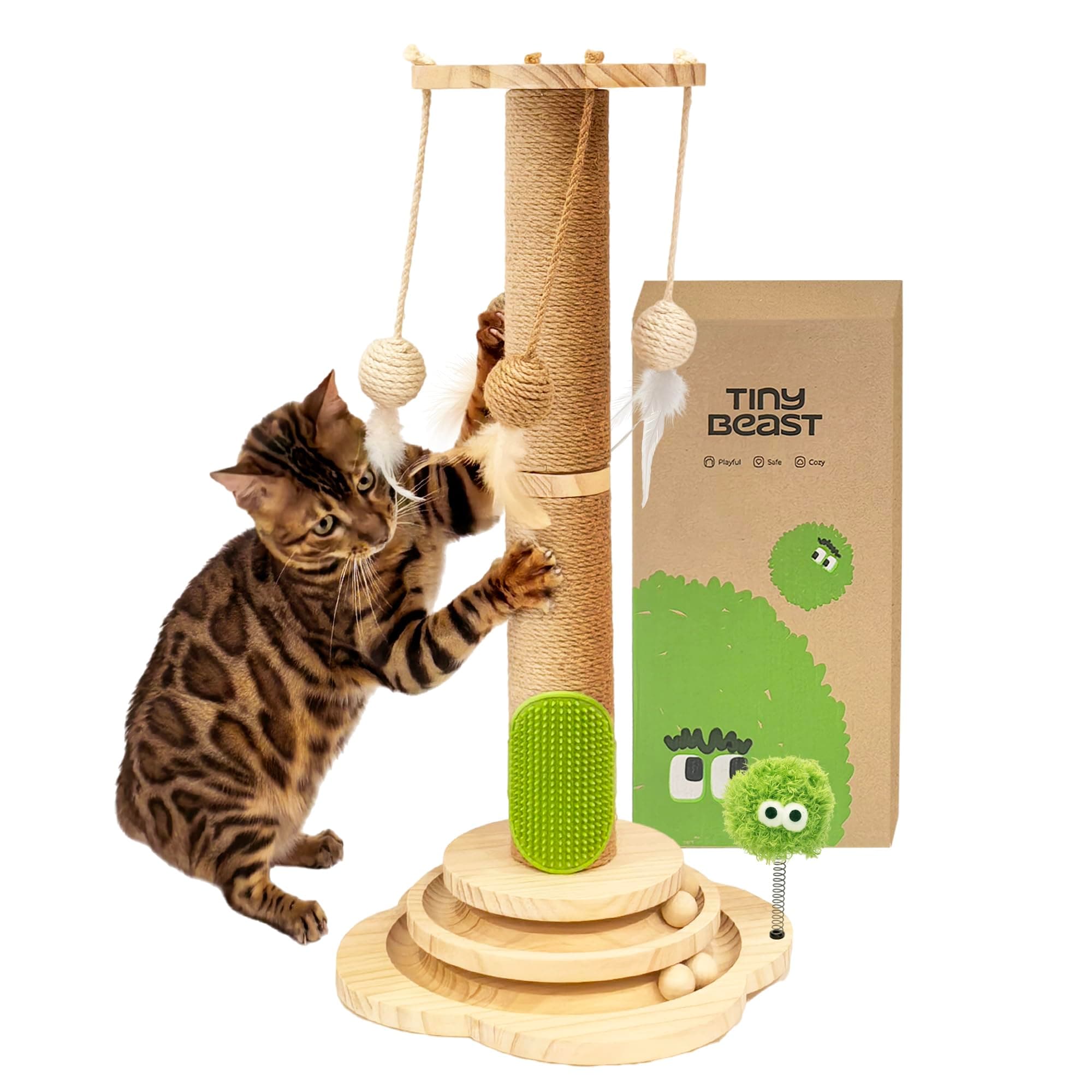 TINYBEAST Wooden Cat Scratching Post, 4 in 1 Cat Scratcher Toy with Cat Ball Tracks, 24.8" Tall Sisal Scratch Post for Indoor Kittens Adult Cats, Interactive Feather Toy and 4 Sisal Hanging Balls