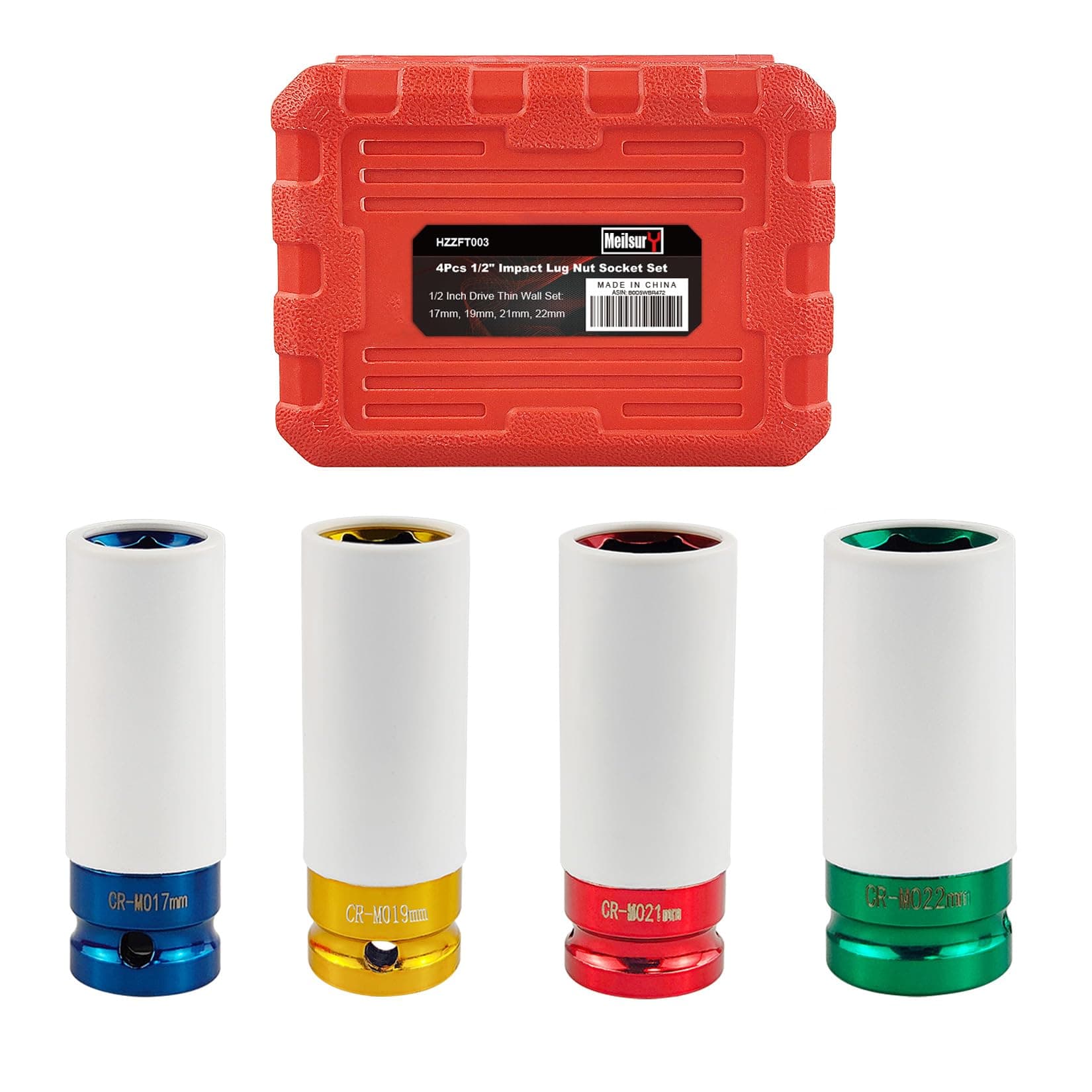 MeilsurY 4-Piece 1/2" Drive Wheel Protector Impact Socket Set, Non-Marring Protective Wheel Lug Nut Impact Socket Set, includes sizes 17mm, 19mm, 21mm, and 22mm