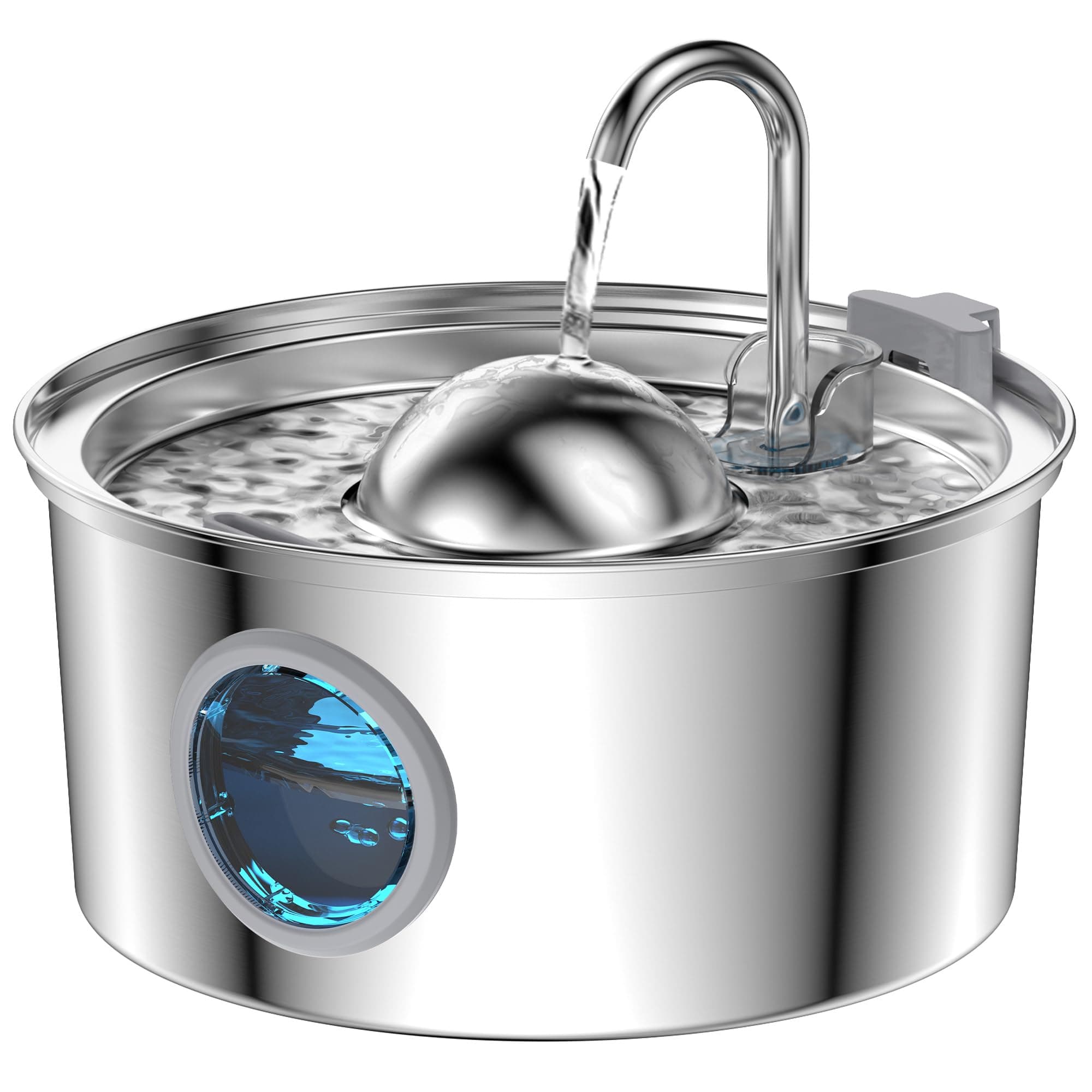 AONBOY Cat Water Fountain Stainless Steel, 108oz/3.2L Cat Fountain, Pet Water Fountain with Water Level Window, Hemispherical Shape, Multi-Filter, Silent Pump, Water Tap, Provides Flowing Water
