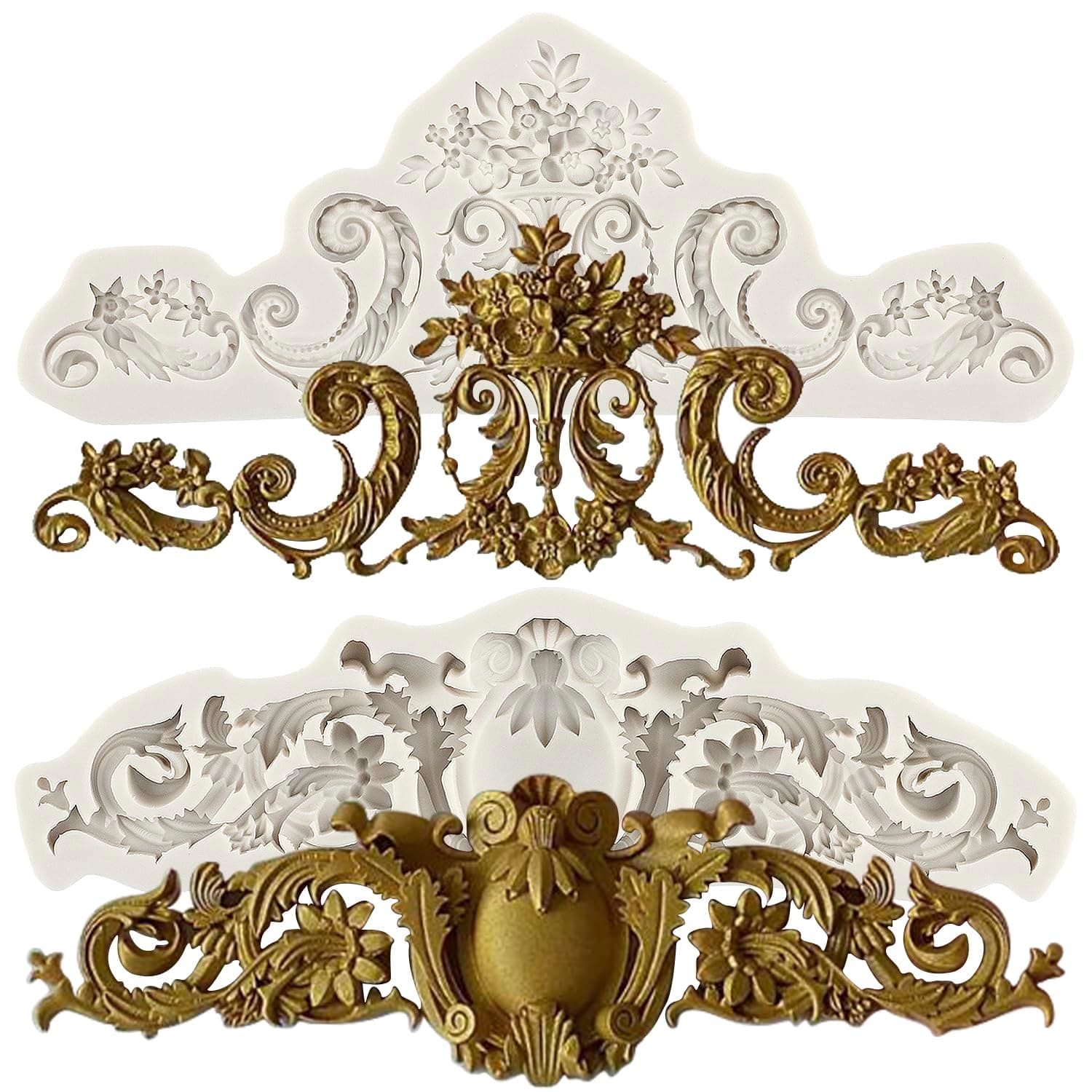 Sijiangmold Baroque Style Curlicues Scroll Lace Silicone Fondant Molds Relief Flower Molds for Cake Decorating Cupcake Topper Polymer Clay Gum Paste Set Of 2