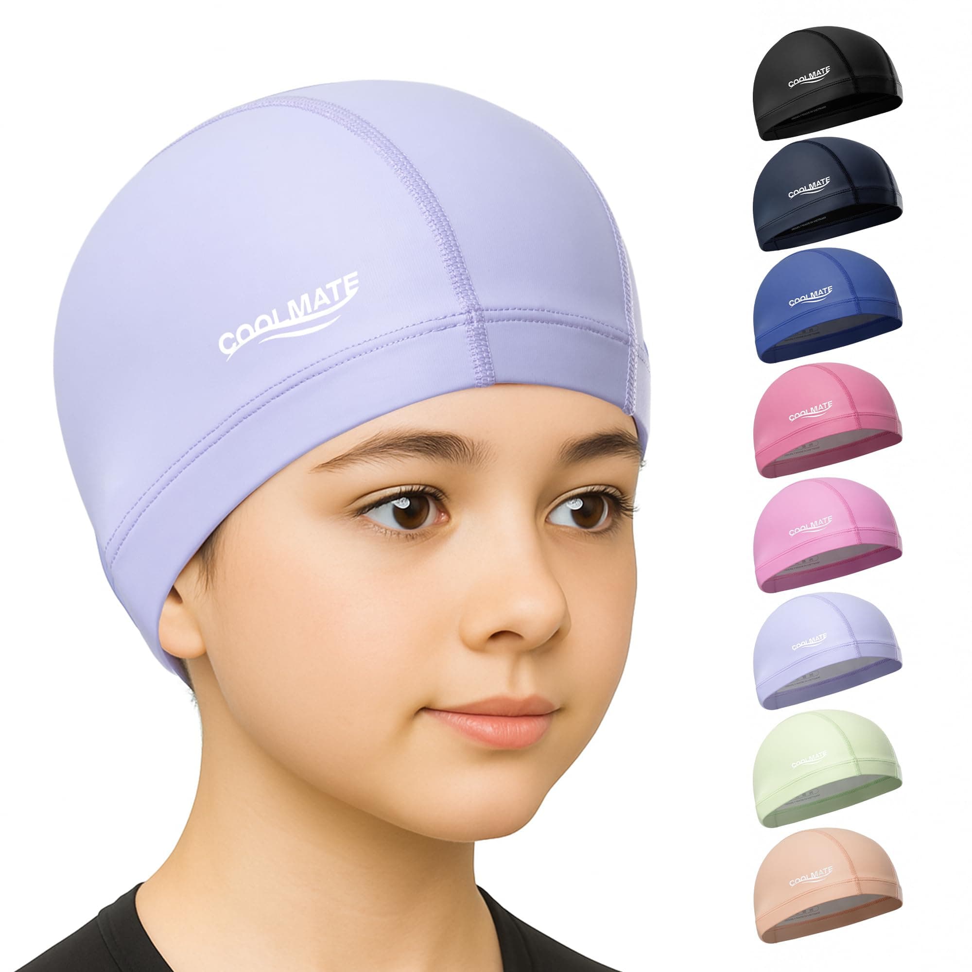 COOLMATE Fabric Swim Cap for Adult Women Men Kid 3 4 6 8 14 16, Silicone Water Resistant Layer, Cloth Swim Cap Gifts for Swimmers, Lightweight for Pool, Lap Swimming (1 pc) (Light Purple, S)