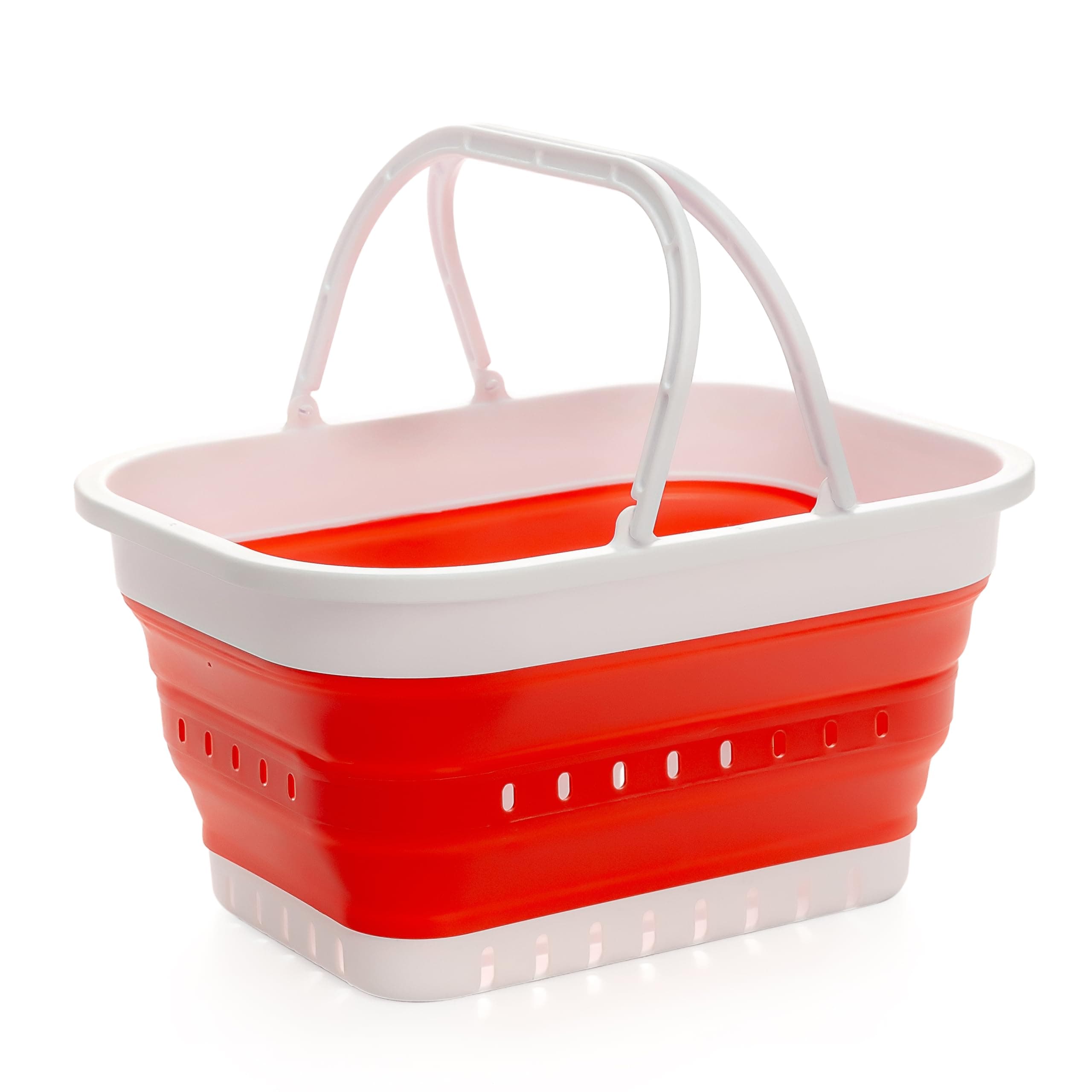 SAMMART 19L (5 Gallon) Collapsible Tub with Handle - Portable Outdoor Picnic Basket/Crater - Foldable Shopping Bag - Space Saving Storage Container (White/Coral Pink, 1)