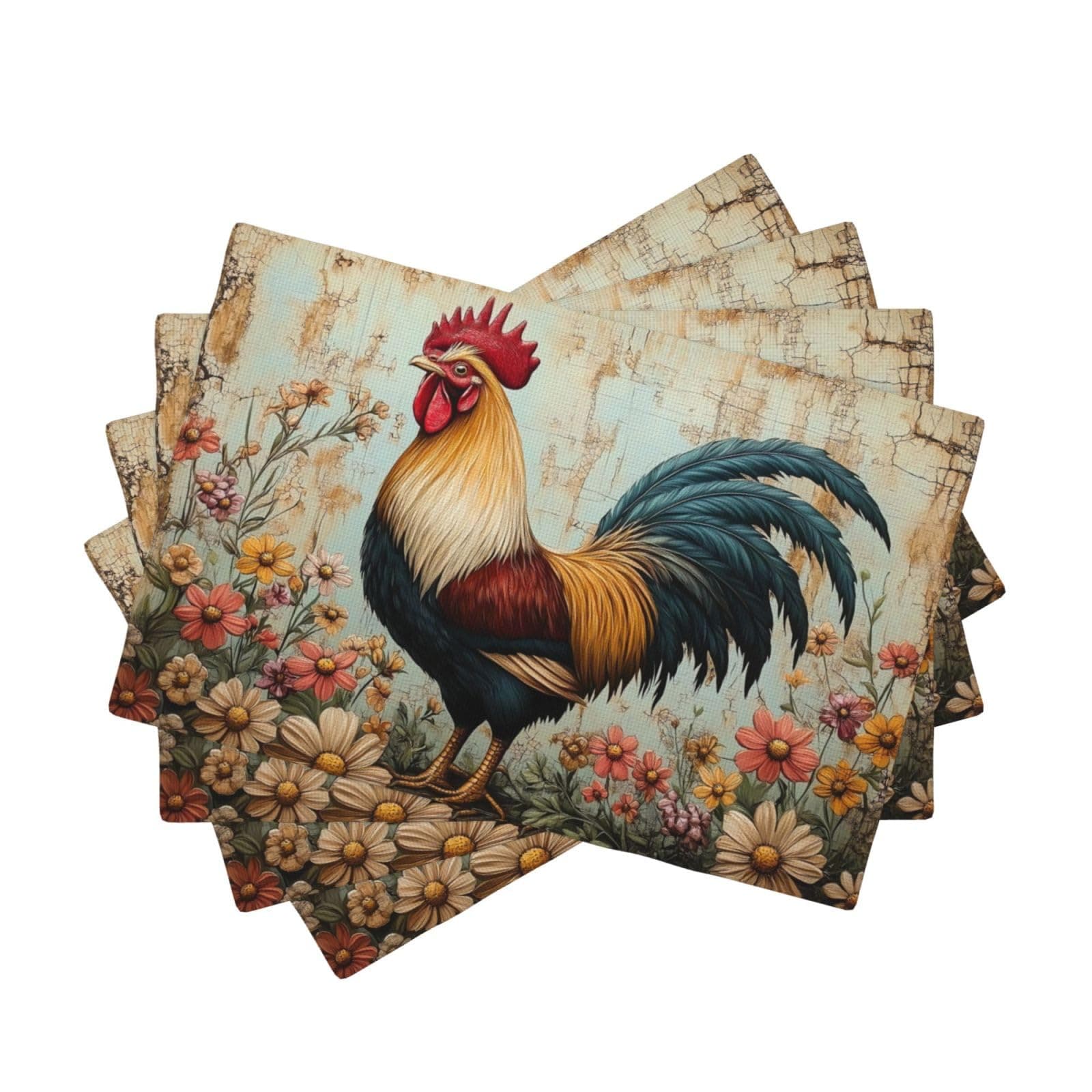 Rooster Chicken Farmhouse Placemats Set of 4, 12 x 18 Inch Decorative Place Mats for Dining Table Decor, Linen Washable Table Mats for Kitchen Outdoor Party Home Decor