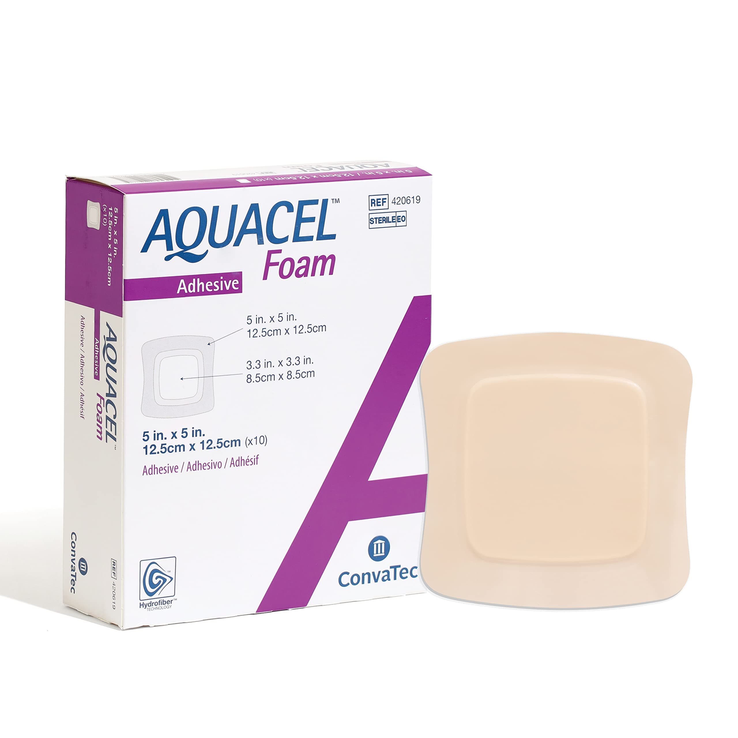 Convatec AQUACEL Foam 5"x5" Wound Dressing with Silicone Gel Adhesive, Waterproof, Flexible, Medical Grade with Hydrofiber Technology, Sterile, Square, 10ct Box