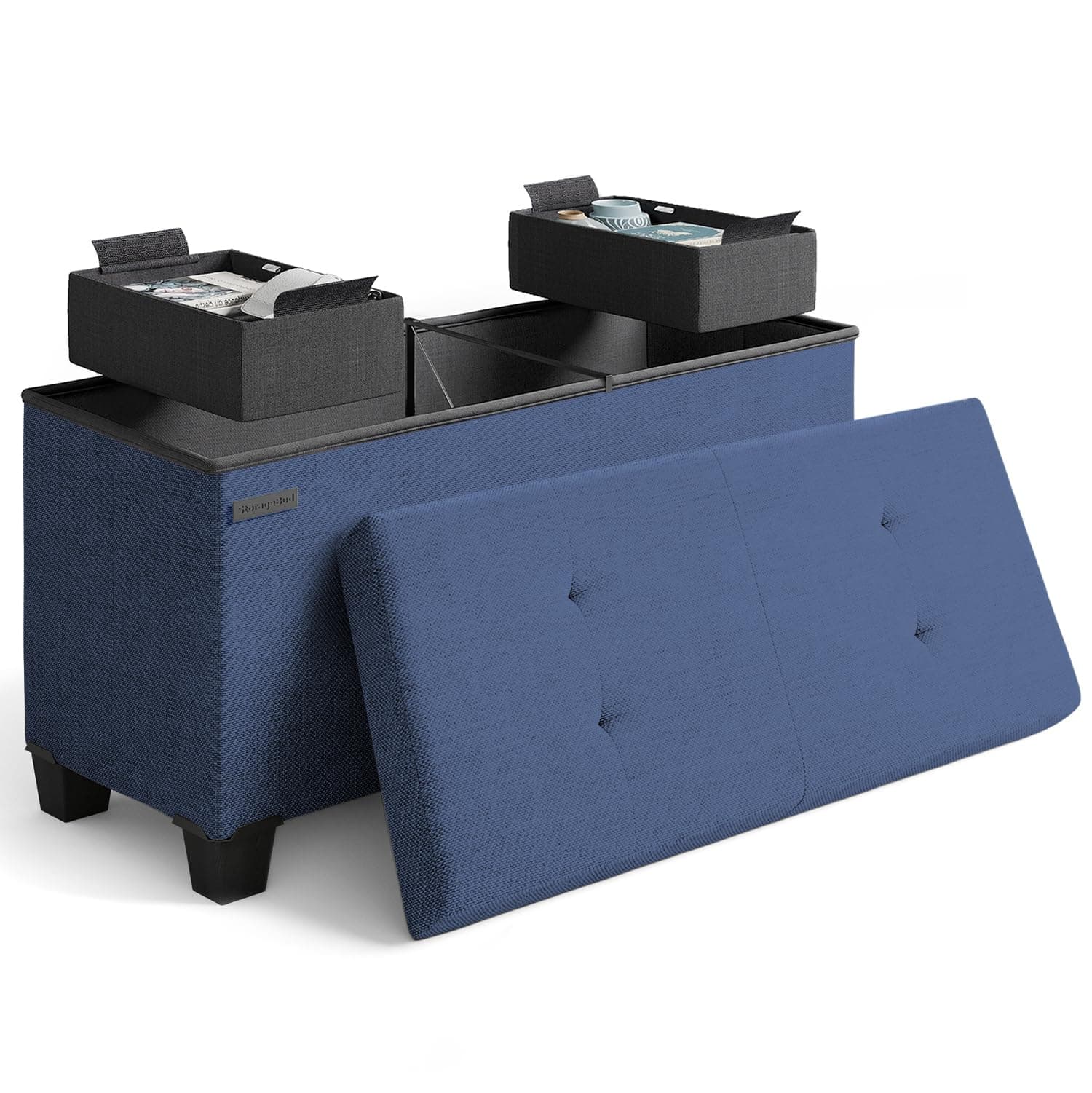 Storage Ottoman Bench with Bins, 30-in Storage Bench for Bedroom End of Bed, Folding Foot Rest Ottoman for Living Room Max 660lbs, Fabric Ottomans, Blue
