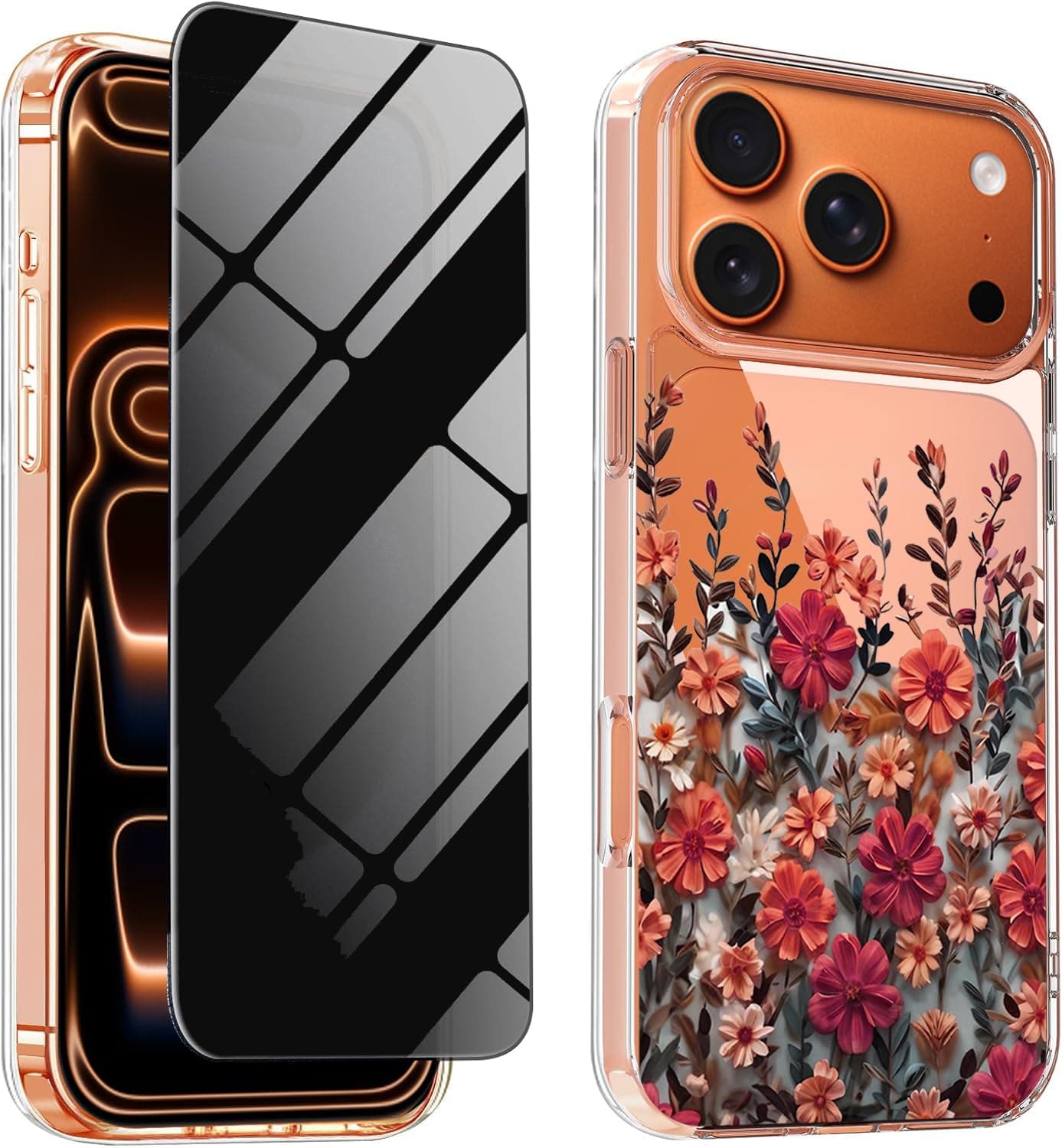 for iPhone 17 Pro Cute Case Floral with Privacy Screen Protector, [Camera Protectors][Not Yellowing] Shockproof Protective Clear Flower Phone Case for 17Pro 6.3'' Womans Girly