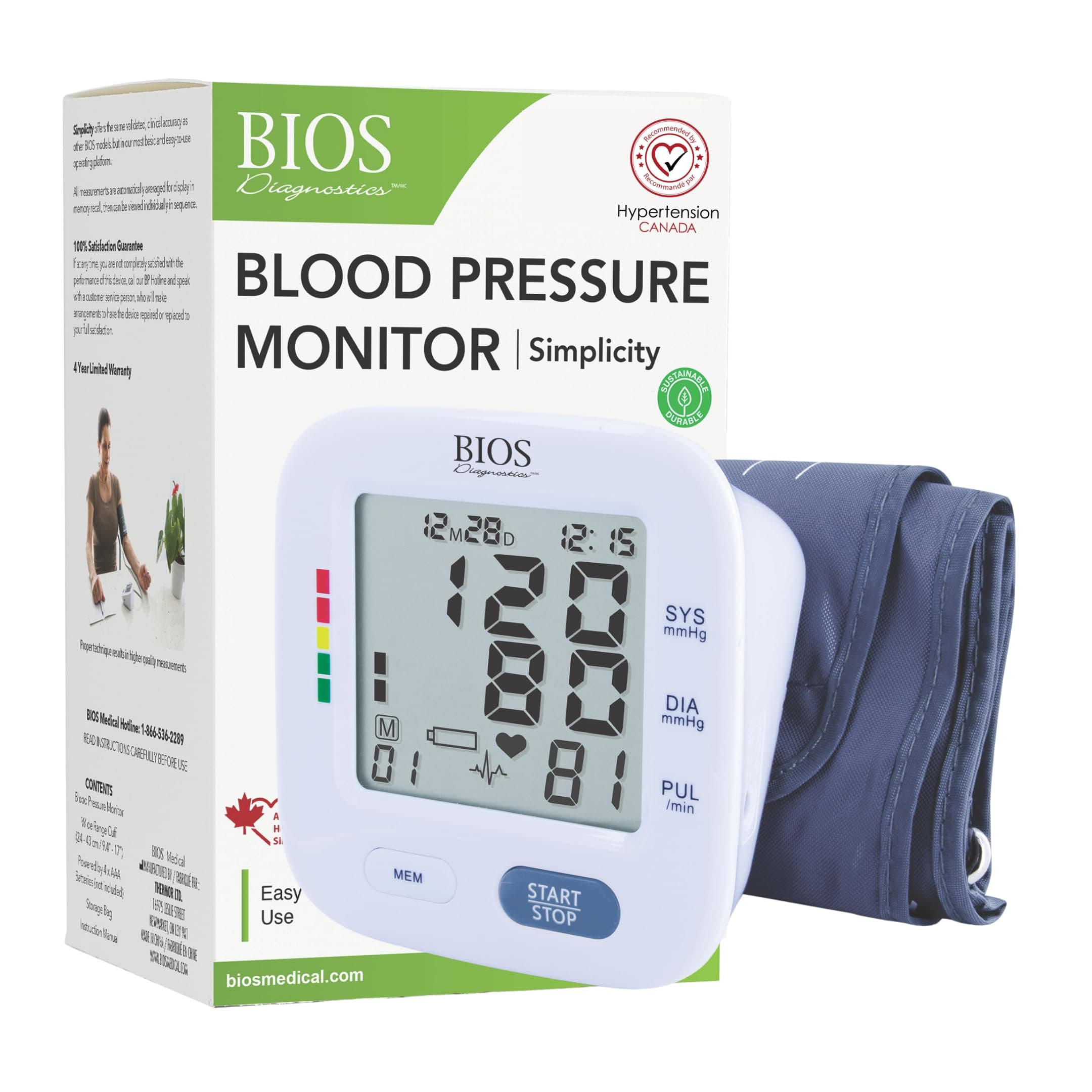BIOS Diagnostics Blood Pressure Monitor, #1 Canadian Blood Pressure Manufacturer*, Detects Irregular Heartbeat, Stores 30 readings, BP Assesment Indicator, BIOS Averaging Mode, One Touch Operation