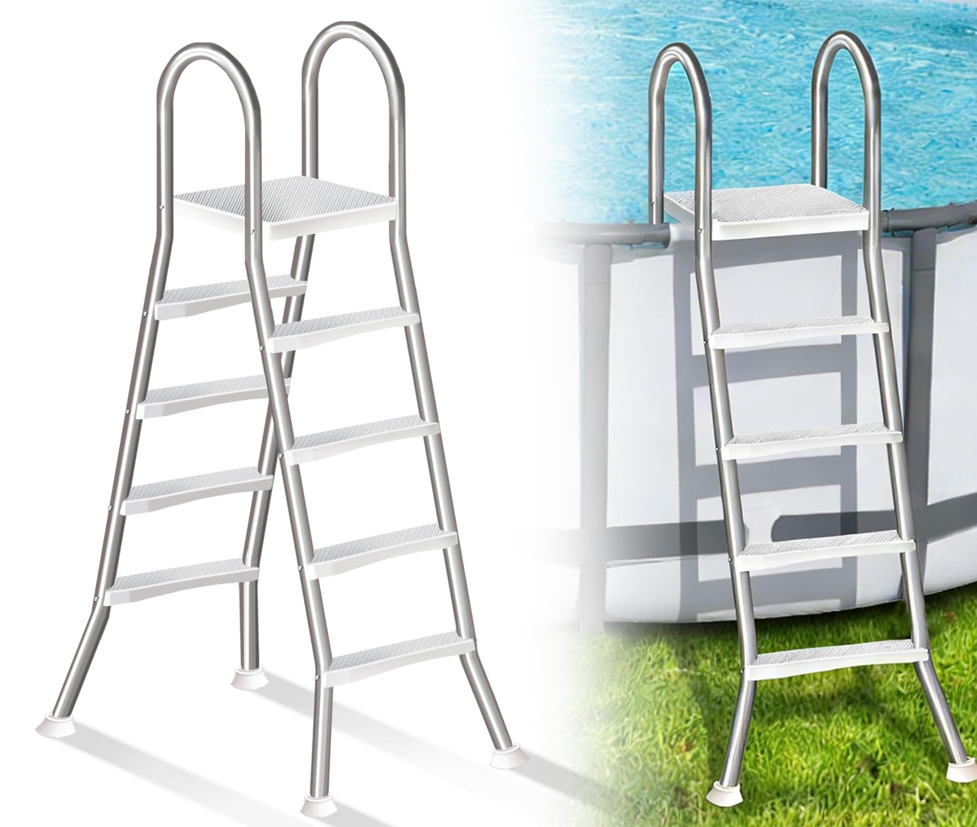 Double Handrail Pool Stairs, 4-Step 304 Stainless Steel Above Ground Pool Ladder, Non-Slip Wide Steps, 550lb Load, Safety Entry Ladder for Home Swimming Pool,53in
