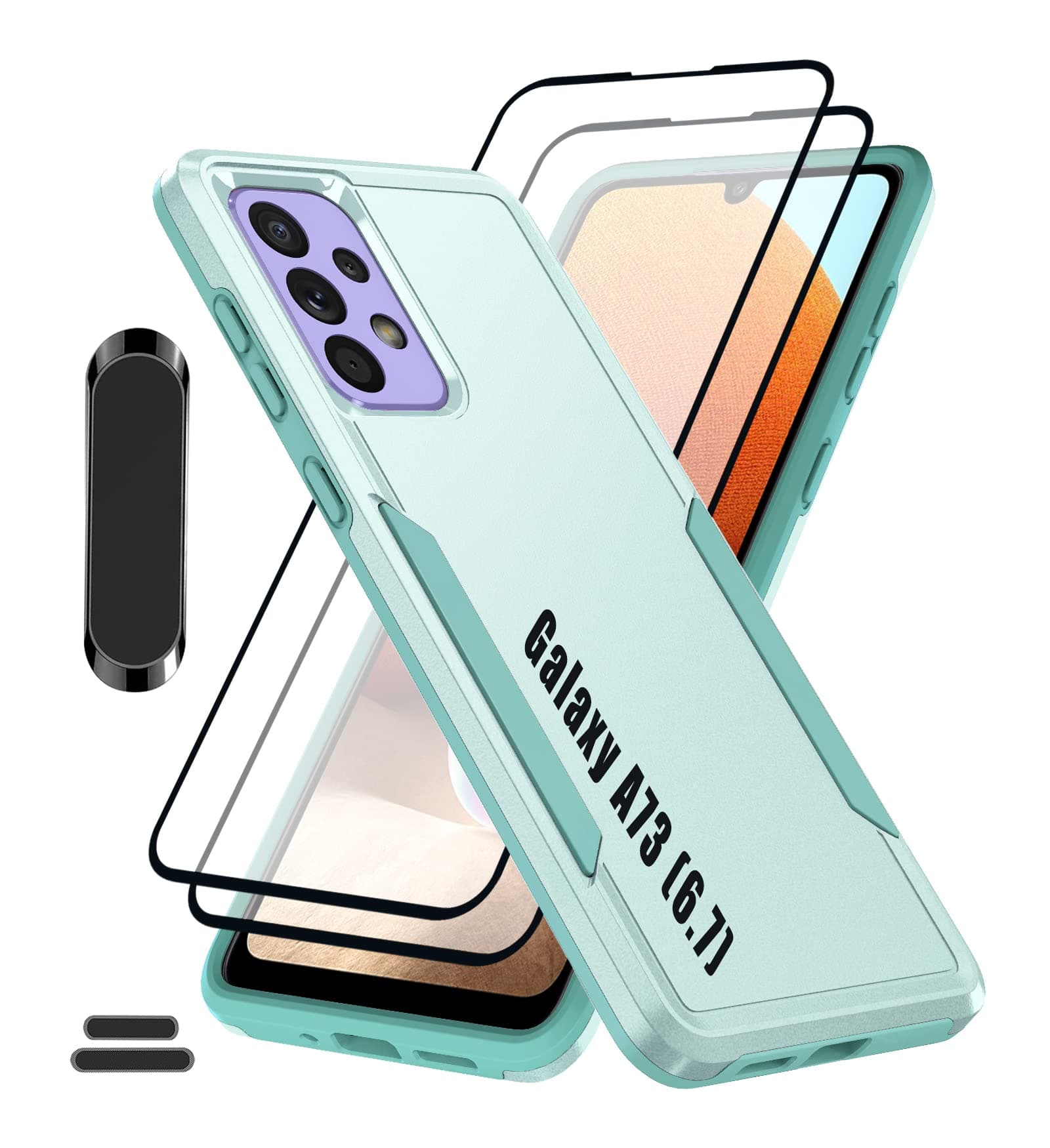 LMDAMZ for Galaxy A73(5G) 6.7 Inch Double Layer Hybrid Military Grade Rugged Shock Resistant Drop Case with 1 PCS Magnetic Car Mount and 2 PCS HD Tempered Glass Screen Protector (Green)