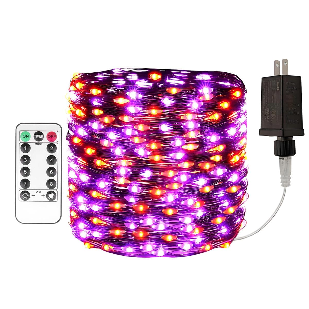 PCORES Orange & Purple Halloween Plug in Lights, 66ft 200 LED Orange Lights, 8 Modes, Outdoor Twinkle String Lights Copper Black Wire for Halloween Decor