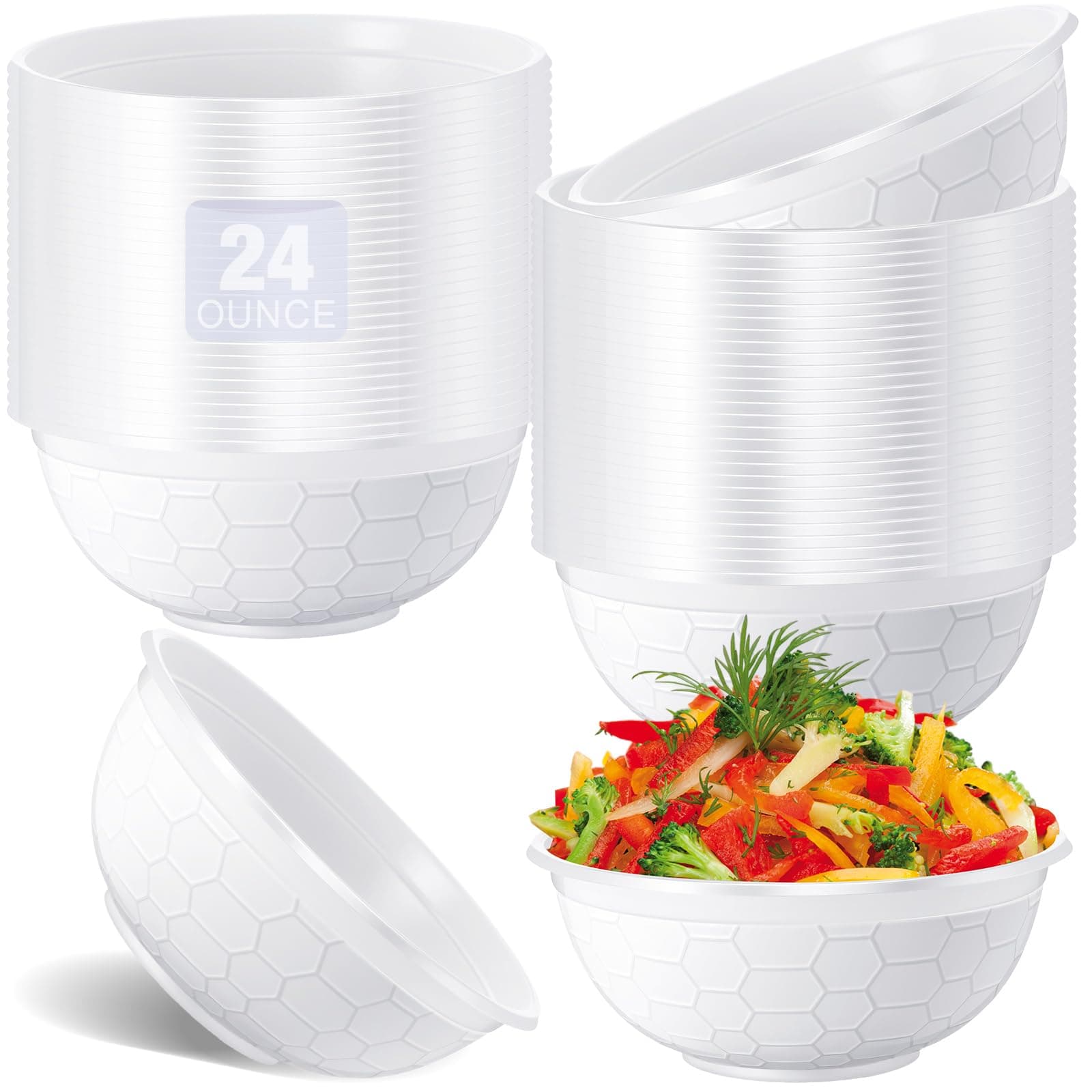 Afarnook 100 Pack 25 oz White Disposable Plastic Bowls Soccer Texture Plastic Salad Bowls Large Stackable Serving Soup Microwave Safe Dinnerware for Birthdays, Weddings, Parties, Festivals(soccer 1)